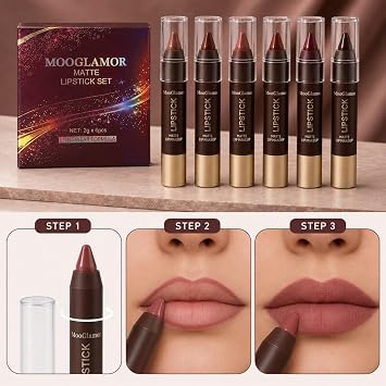 6 Pcs Matte Lip Liner and Lipstick Set for Women Daily Elegant Makeup