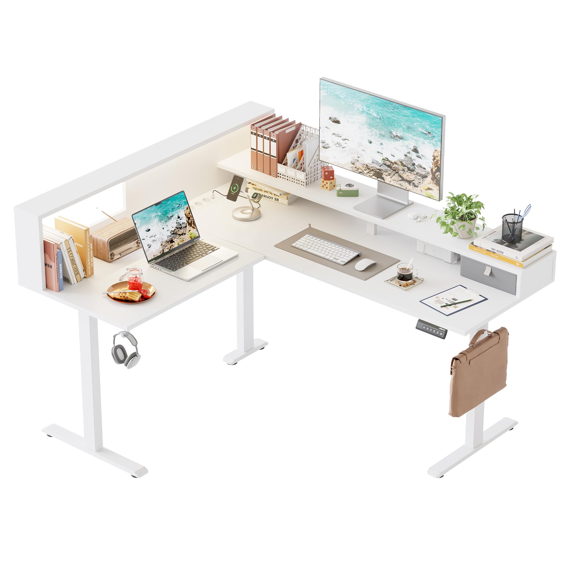 Klicelor Höhenverstellbarer L-förmiger Schreibtisch mit Schubladen, 160 x 140 cm Eckschreibtisch mit Monitorständer, Sitz-Steh-Computertisch mit Steckdosen und Lichtleiste, Weiß