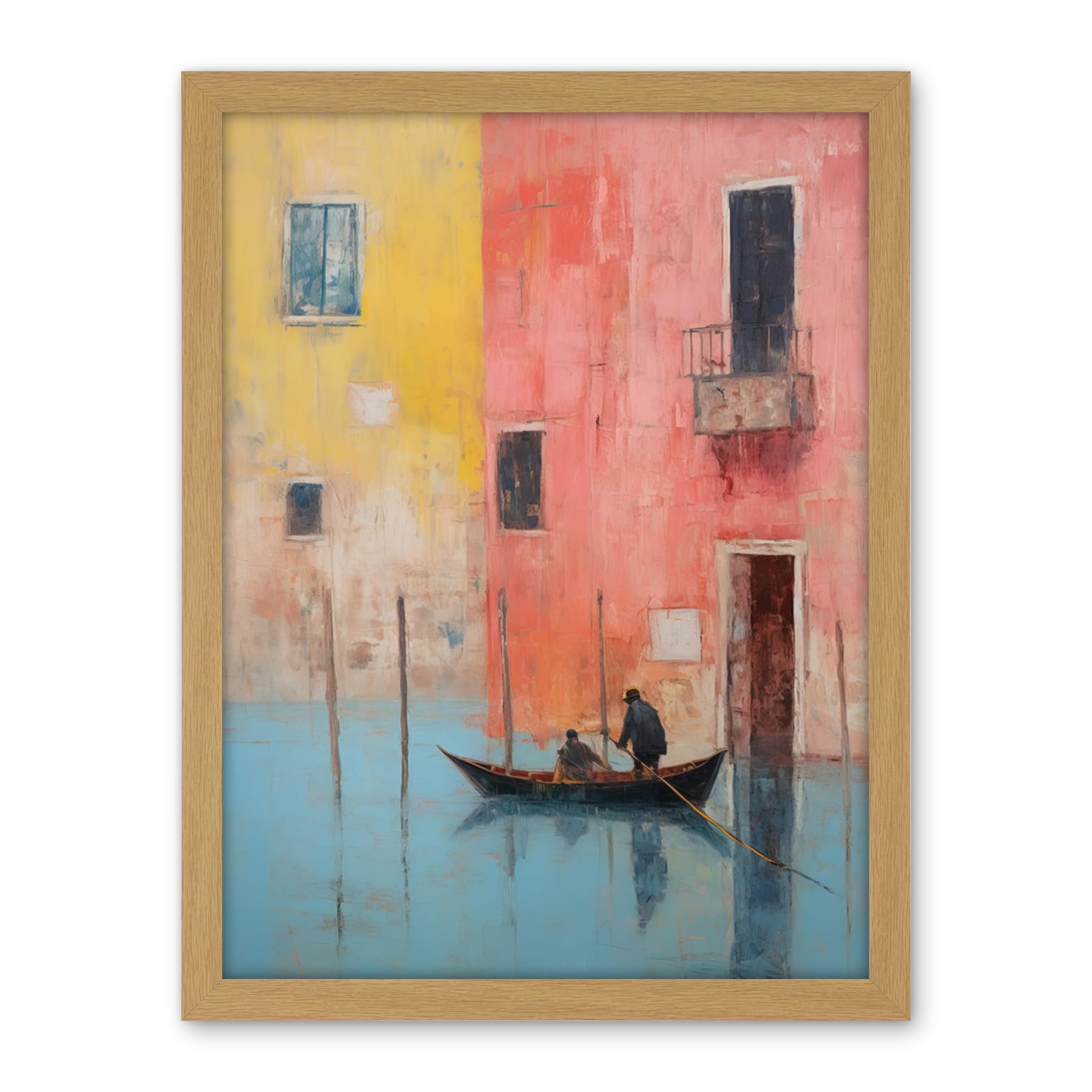 Artery8 Venice Canal Gondola Ride Oil Painting Blue Pink Yellow Pastel Colour Rower Boat on River Artwork Framed Wall Art Print 18X24 Inch