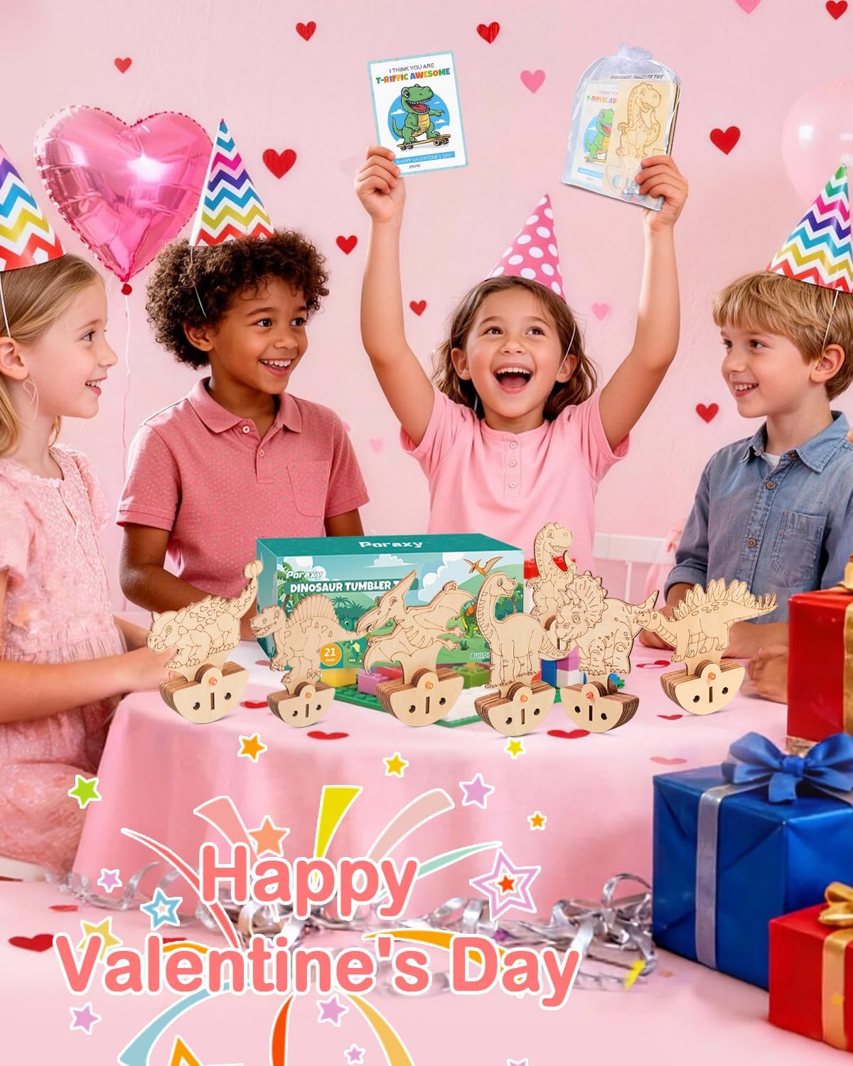 Valentines Day Gifts for Kids, 21 Packs Dinosaur Party Favors, Valentines Cards for Kids Classroom School, Building 3D Puzzles STEM Kits Tumbler Toys, Class Valentines Exchange Gifts for Boys Girls