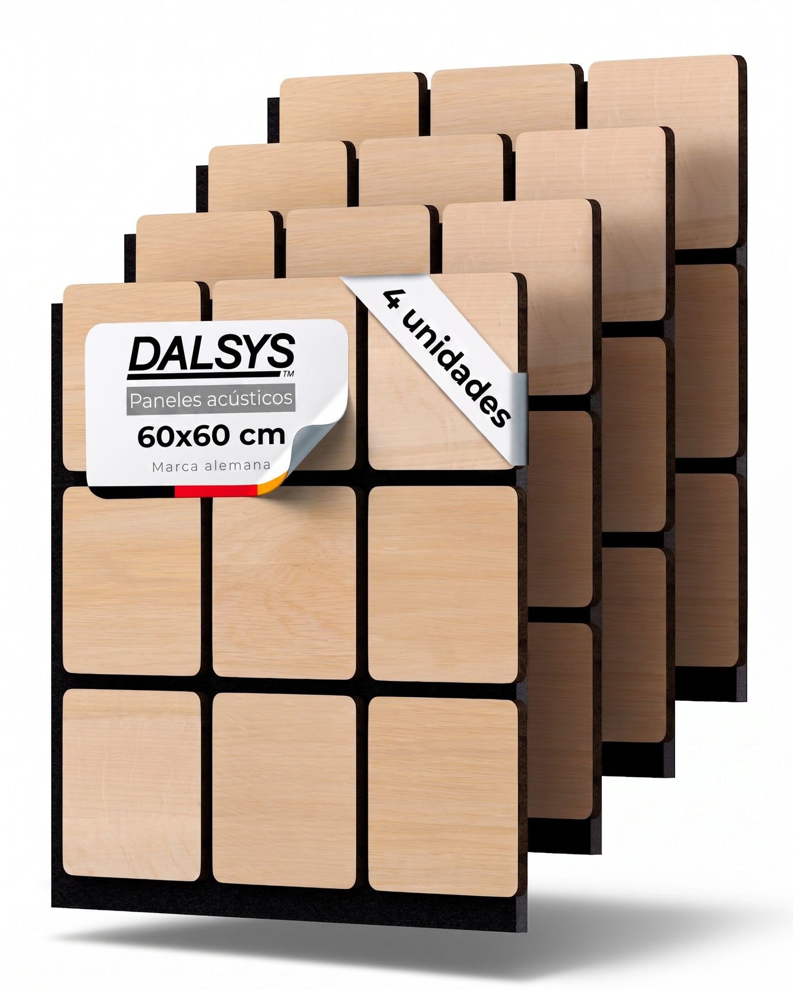 4x Paneles acústicos, patrón 3D 60 x 60cm Roble claro madera
