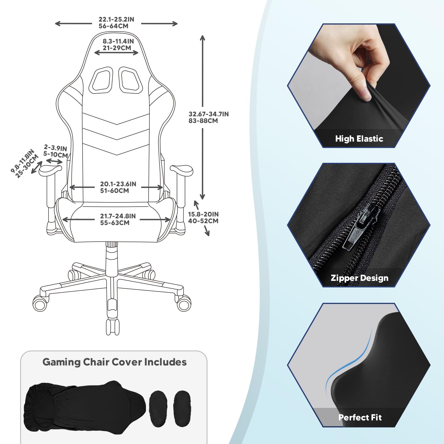 Coprisedia da Gaming Universale Elastico Lavabile con Doppia Cerniera Stile Racing Nero