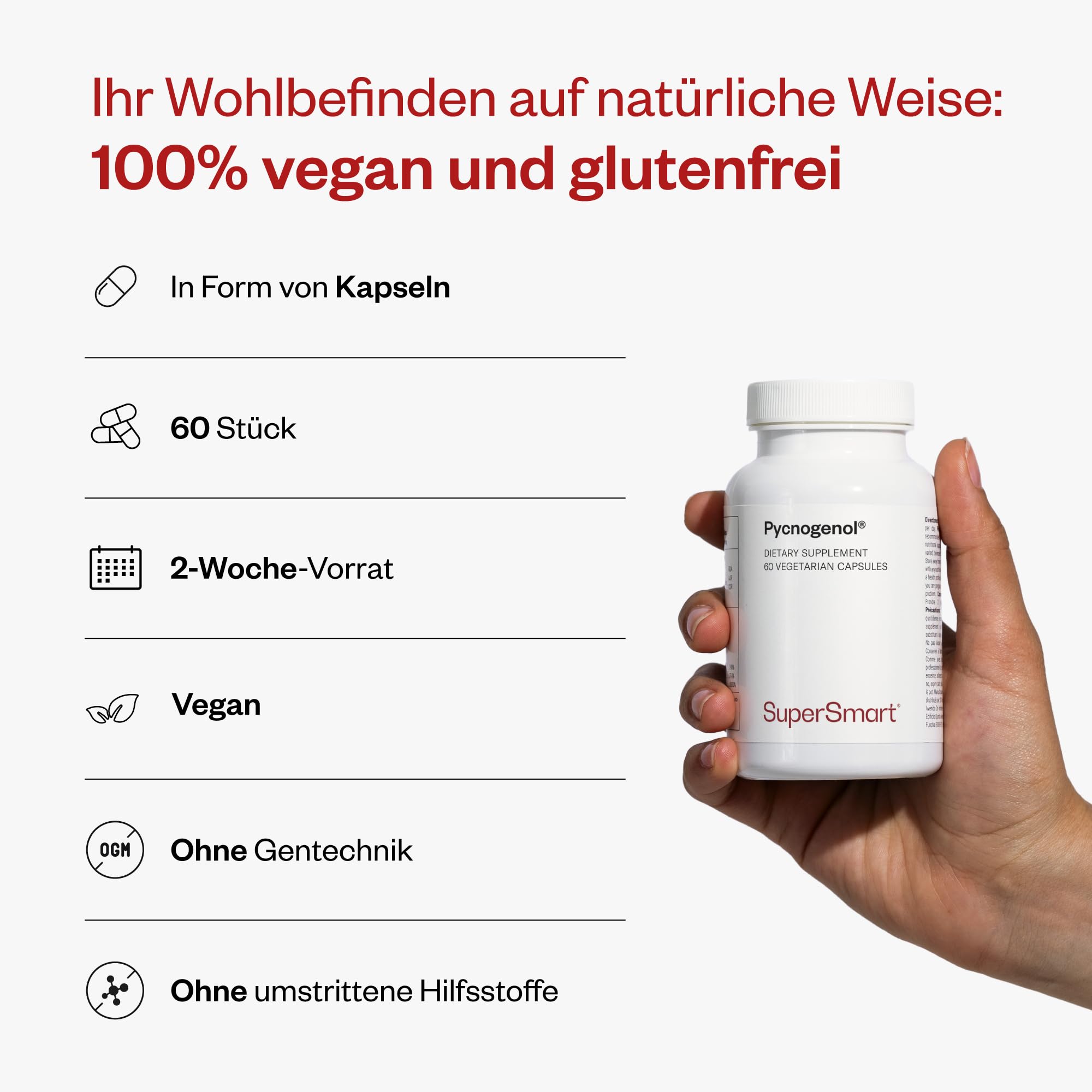 Pycnogenol® - Patentierter Französischer Seekiefernrinden-Extrakt - 60 vegetarische Kapseln - Unterstützt die Durchblutung und den Bein-Komfort - SuperSmart