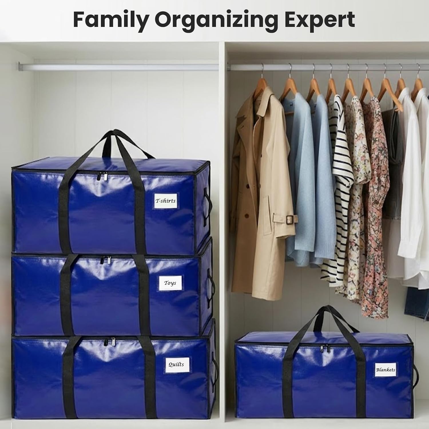 RICHER HOUSE 90L Heavy Duty Moving Boxes & Clothes Storage Bags, 4 Pack Large Moving Bags with Lid & Backpack Straps, Waterproof Packing Bags for College Dorm, Camping, Holiday Decor Storage, Blue image 3