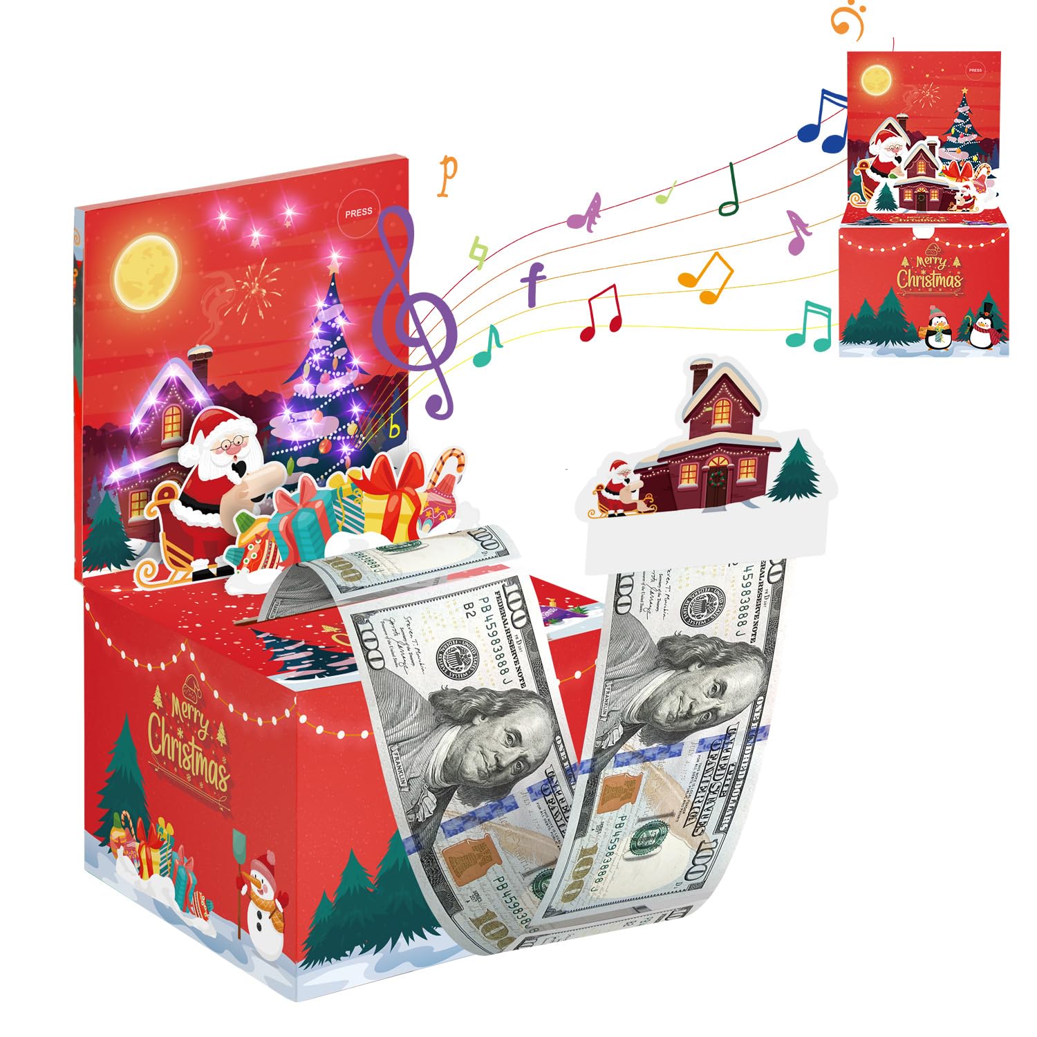 Merry Christmas Money Box for Cash Gift, Christmas Money Pull Box, Money Gift Boxes for Cash Pull, Money Box for Cash Gift with Music and Light, POP UP for Family and Friends