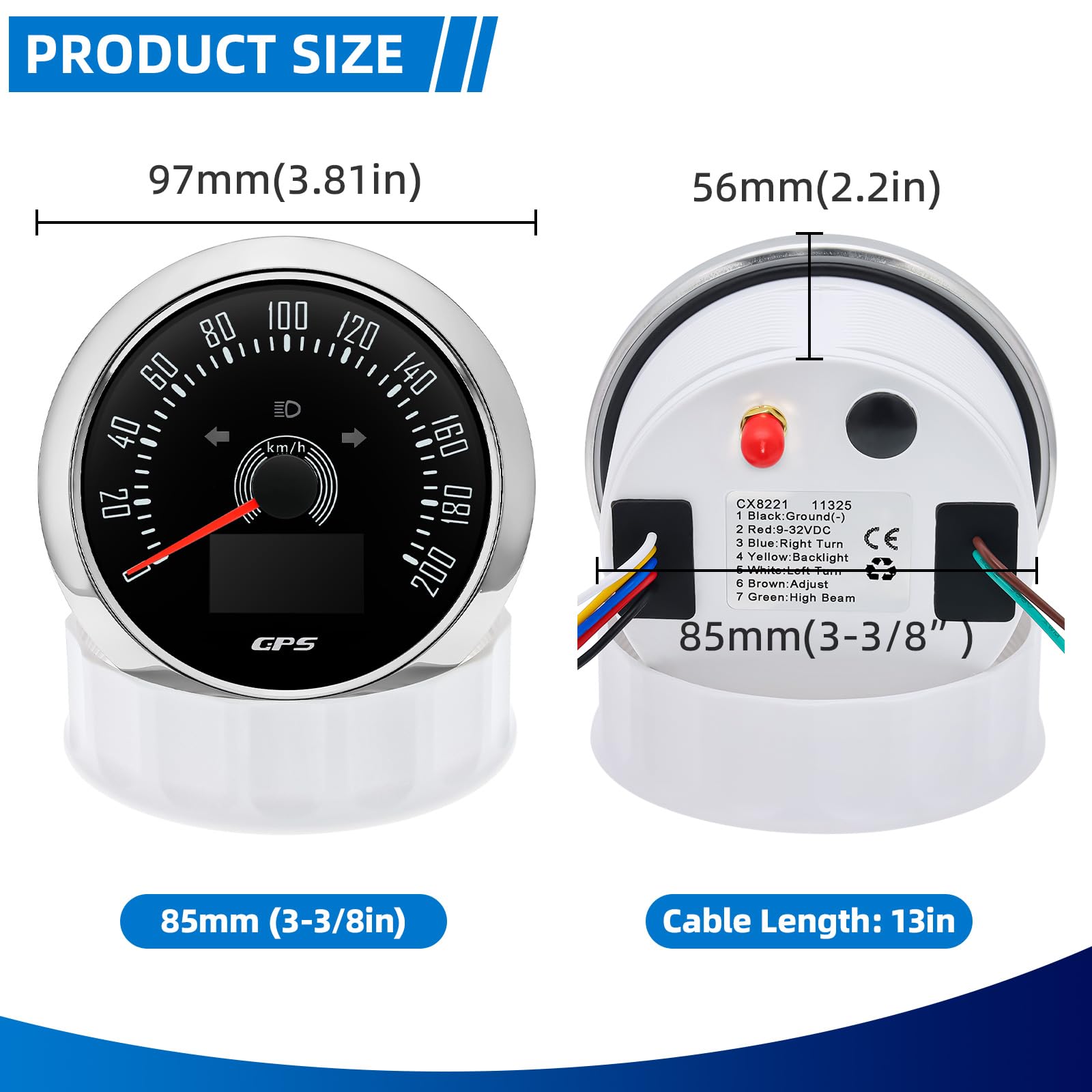Compteur de vitesse GPS 85 mm 0-200 km/h étanche avec COG voyage kilomètre total pour voiture, camion, moto, 7 couleurs, rétroéclairage 9-32 V