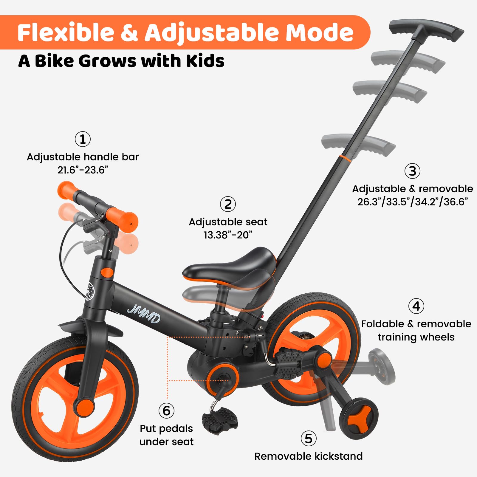 JMMD 6-in-1 Toddler Bike with Training Wheels and Pedals, 12 inch