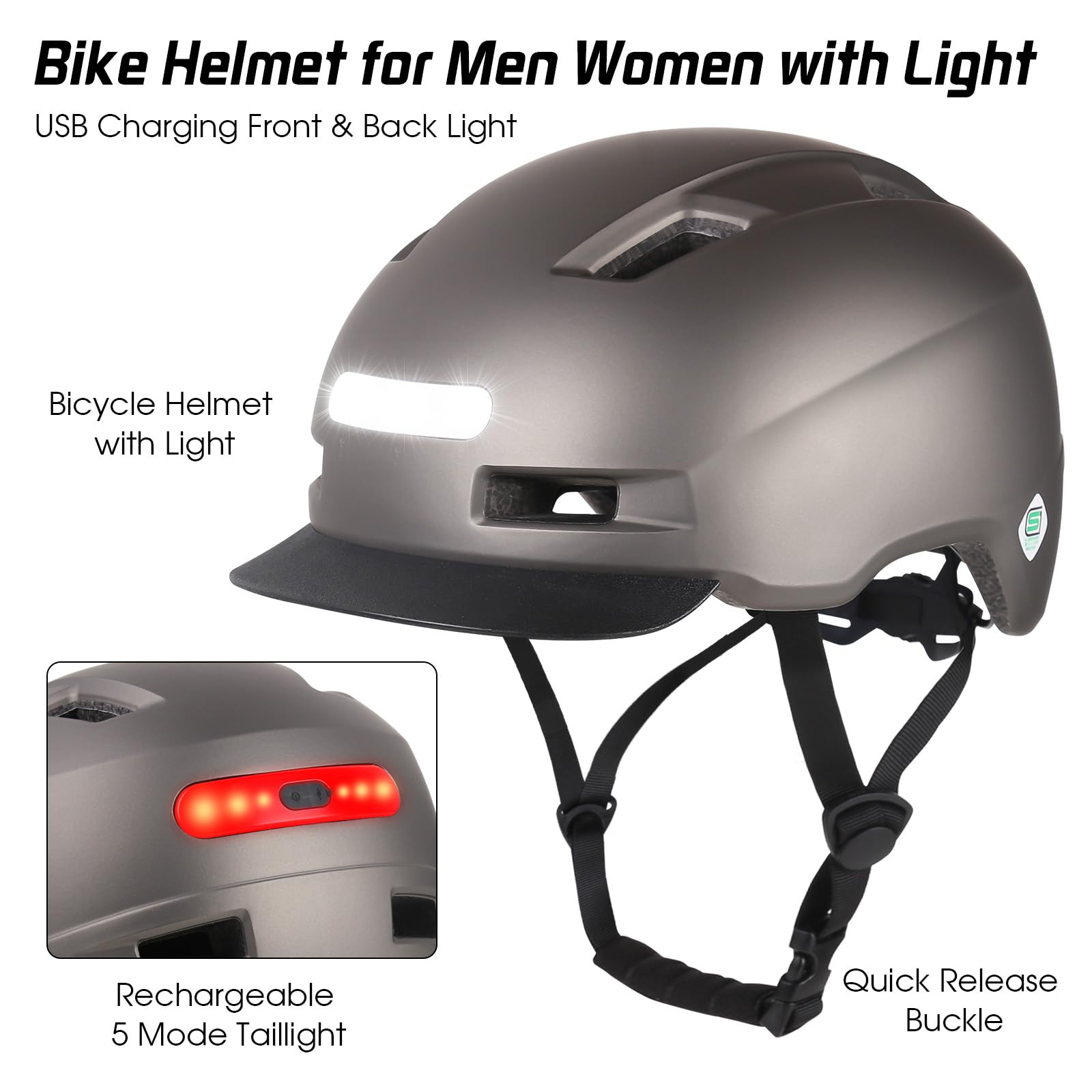 Shinmax Men's and Women's Bike Helmet, 5 Light Modes and Visor, USB Rechargeable - Image 2