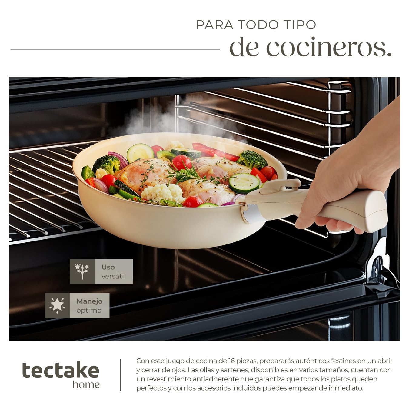 tectake® Juego de Cocina 16 Piezas Apto para Inducción, Incluye 2 Ollas Cocina Grandes, 3 Sartenes, Todo con Recubrimiento Cerámico Antiadherente y con Asas Extraíbles, Cocinas Completas - Blanco