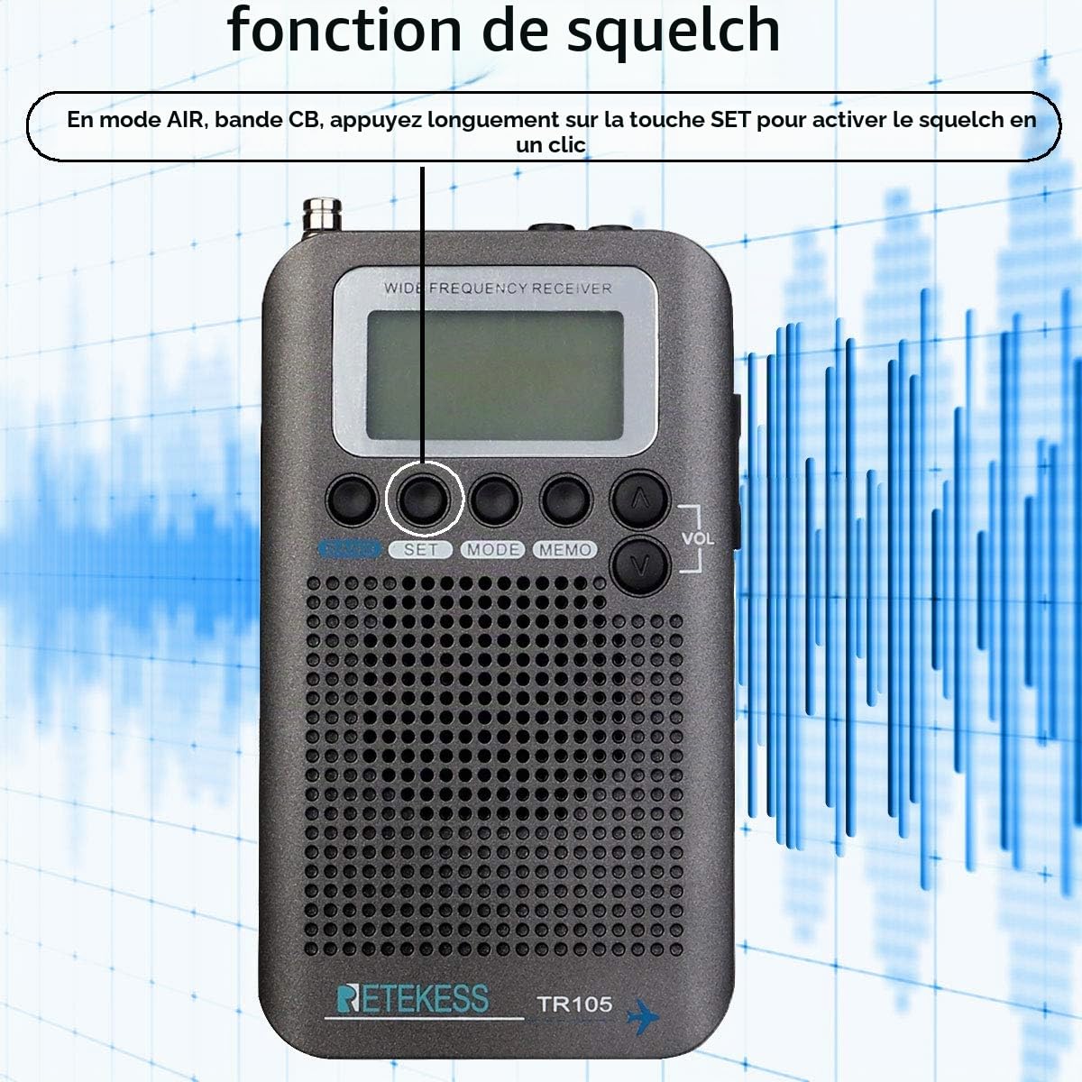 Retekess TR105 Récepteur à Ondes Courtes, Radio Portable Récepteur de Bande d'avion, FM AM SW CB AIR de Syntonisation Numérique avec Fonction Minuterie et Horloge,LCD,Cadeau(Gris)