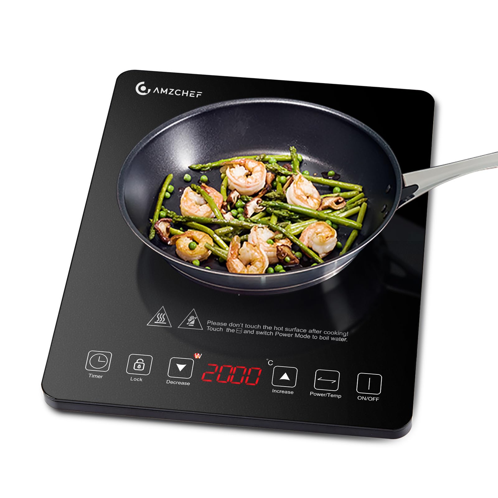 Piastra a Induzione Singolo AMZCHEF, da 2000 W con design sottile, 20 livelli di potenza, temperatura, controllo sensore tattile, timer, nero