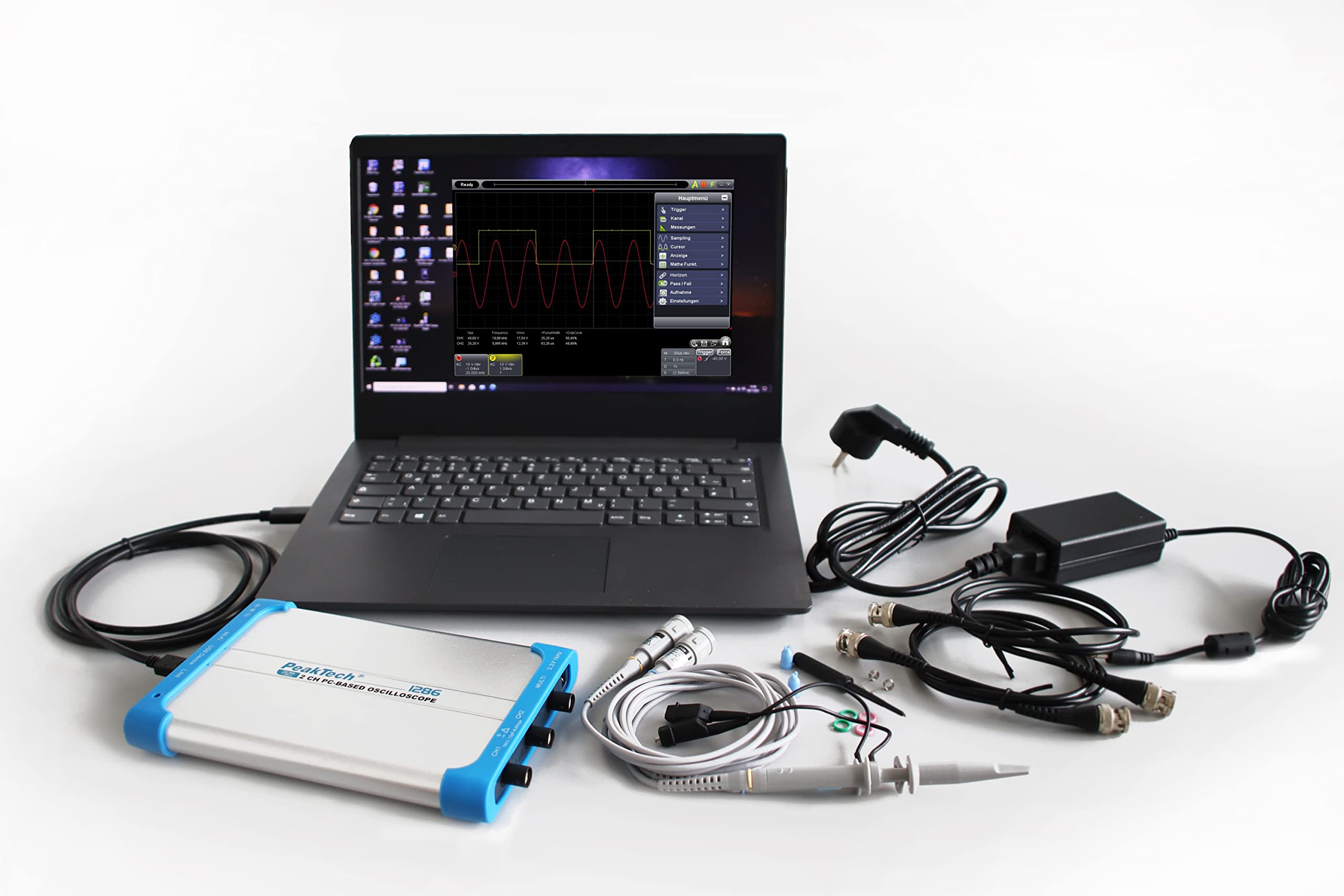 PeakTech P 1286 - PC-Oszilloskop, 2 Kanal, 100 MHz, 1GS/s, USB und LAN Schnittstelle, PC Software, P 1286