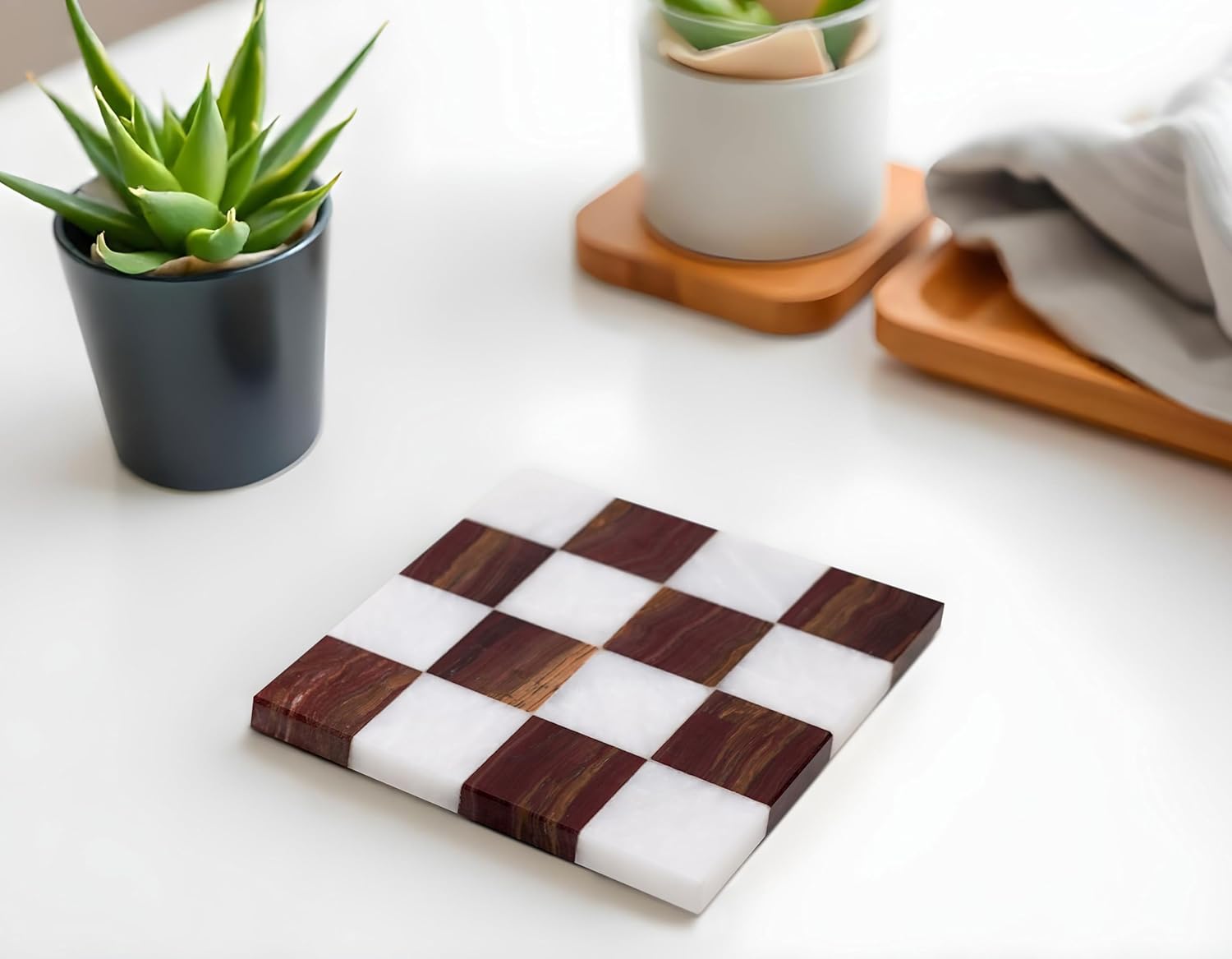 Marble Checkered Coasters Set of 4 – Handmade Natural Stone Drink Coasters with Felt Bottom, 4x4 Inch Marble Table Coasters for Coffee Table, Kitchen, Bar & Home Decor (Red & White)