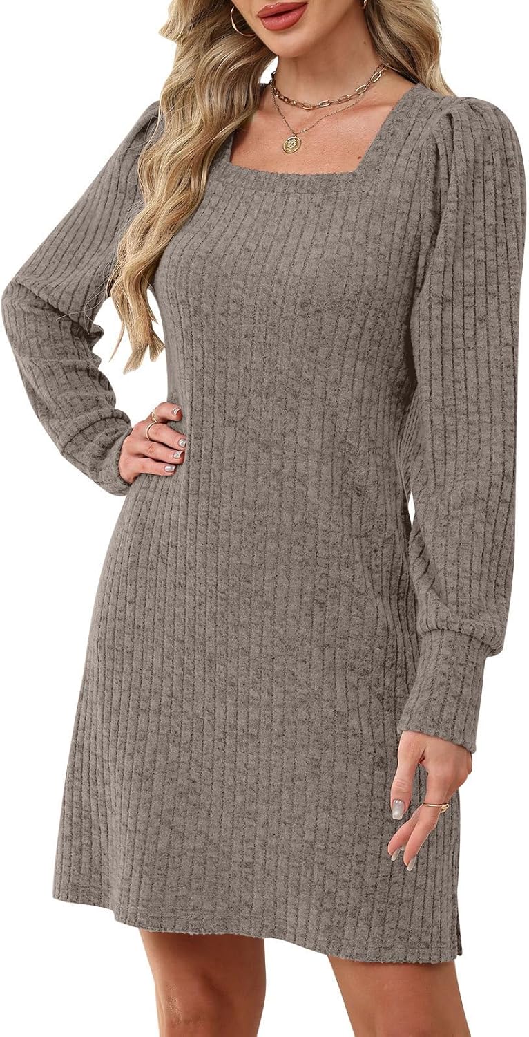 Womens Ribbed Knit Sweater Dress Long Sleeve Square Neck Fall Winter Dresses - Image 4