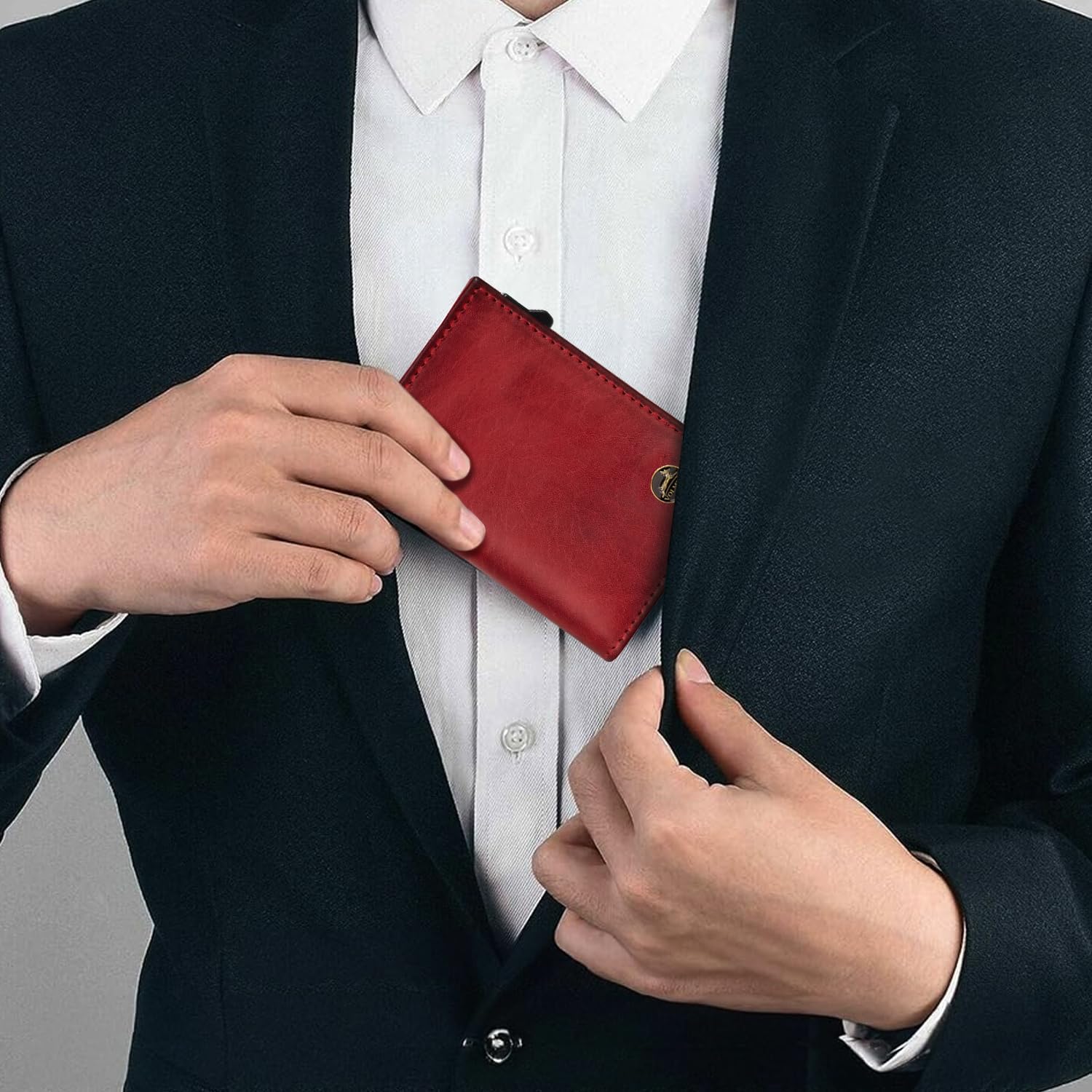Fa.Volmer POP-UP etui na karty z przegródką na monety z prawdziwej skóry dla mężczyzn i kobiet | 11 kart | ochrona RFID | portfel, Bordeaux Red, Kleines Münzfach, Duża przegródka na monety