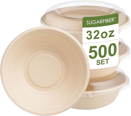Juego de 500 tazones redondos de fibra de azúcar de 32 onzas con tapas de cúpula, recipientes ecológicos compostables hechos de fibras vegetales