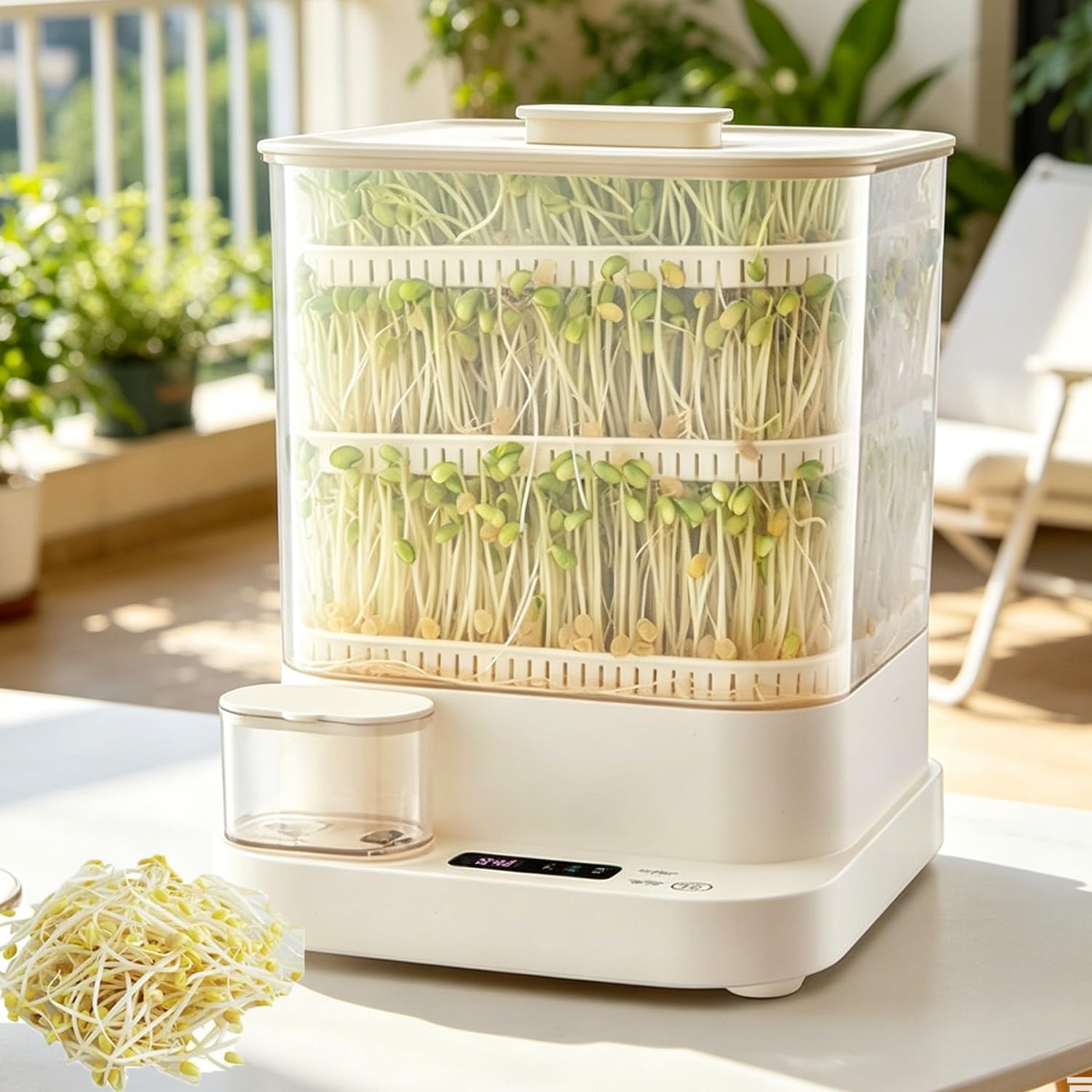 Smart Automatic Bean Sprouts Machine, 3 Layers Bean Sprout Molding Machine, 1.5l Water Tank, with LED Display Time, 360° Automatic Spray, 4 Different Seasons Modes, for Radish, Wheatgrass, Barley