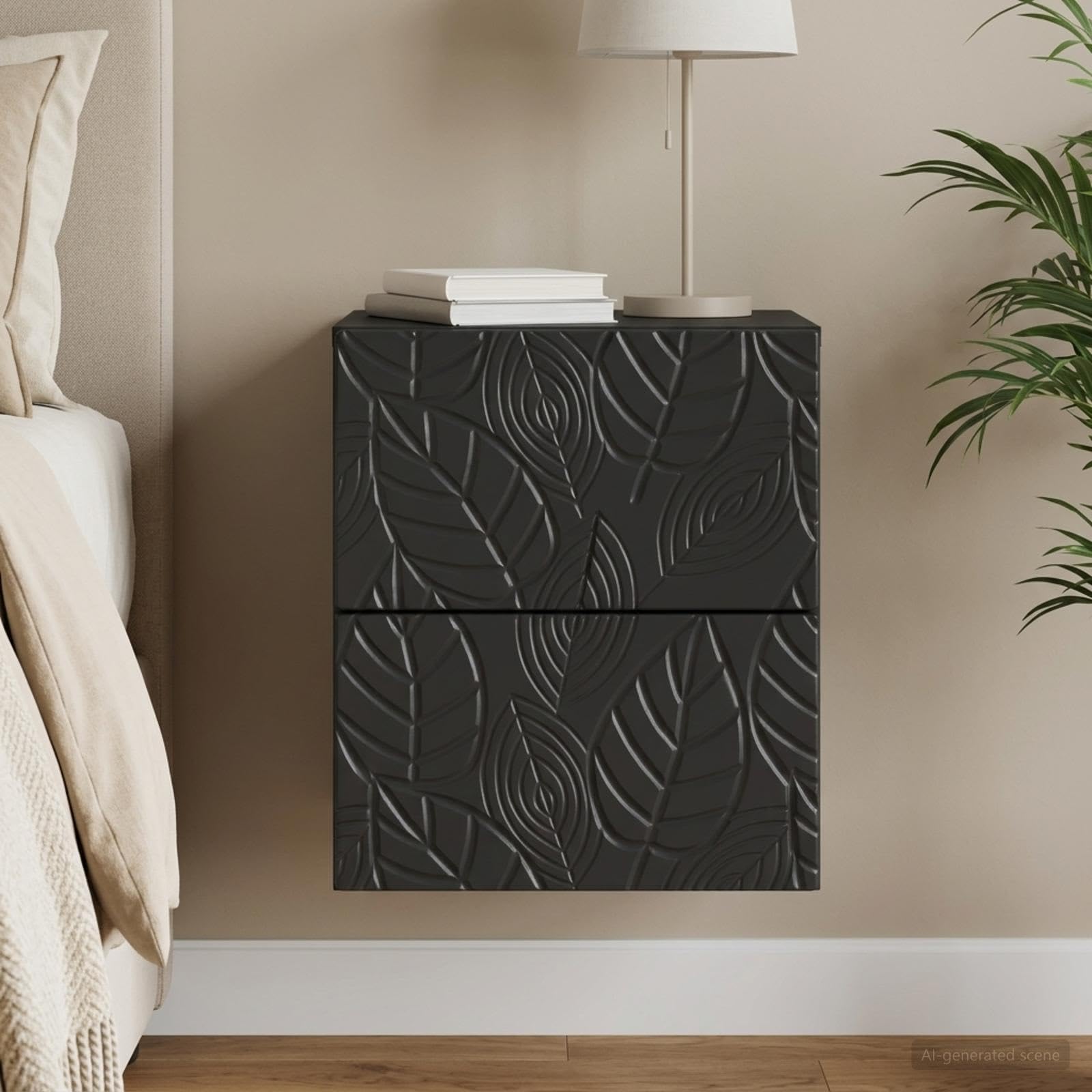 Mobiletto da Notte a Muro Nero 34,5 x 33 x 40 cm | Legno Ingegnerizzato, 2 Cassetti, Capacità 60 kg, Montaggio a Parete