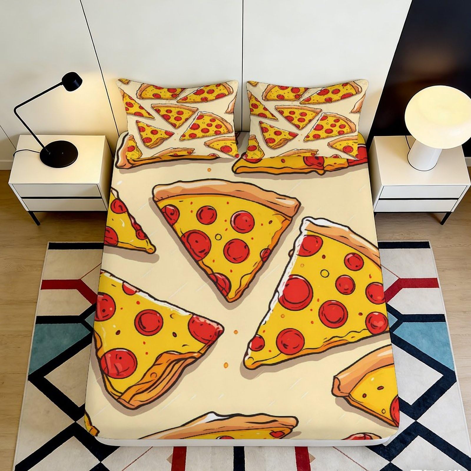 3D Printed Pizza Pattern Fitted Sheet Microfiber Soft Breathable Pepperoni Bed Cover for Bedroom Dormitory Guest Room Mattress Protection Decor 90x200x25cm