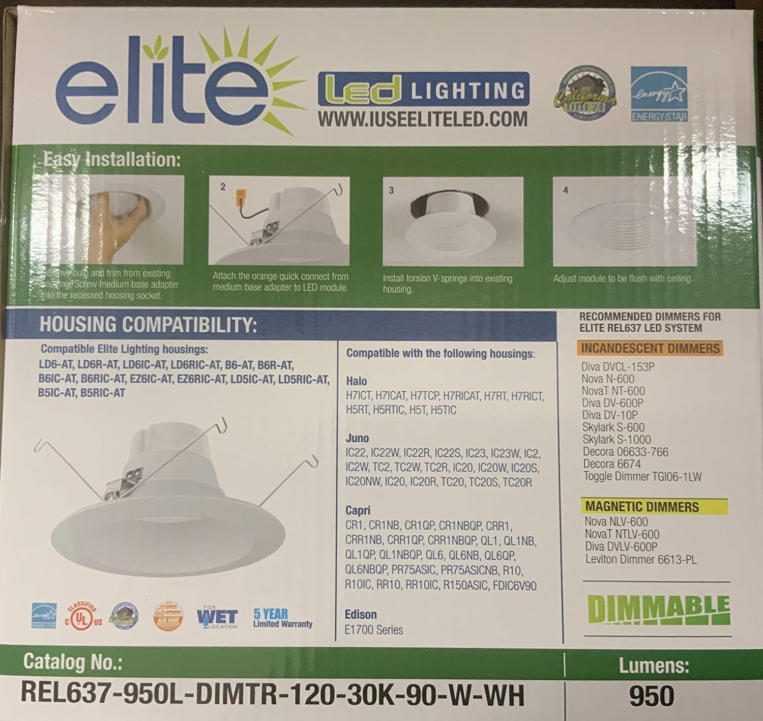 Elite REL637-950L-DIMTR-120-30K-90-W-WH lED Retrofit Baffle Trim 6 Pack