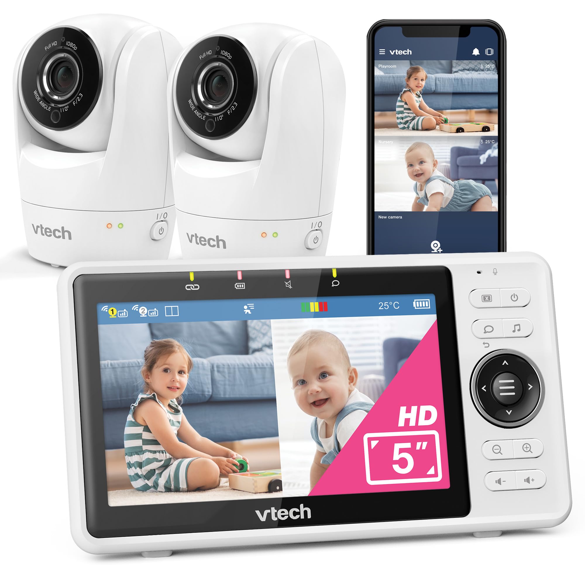 VTech Smart Babyphone mit 2 Kameras, 1080p-FHD-Kamera und 5"-HD-IPS-Bildschirm, WLAN, Geräusch-/Bewegungserkennung, Temperatursensor, geteiltem Bildschirm, Schwenk-Neige-Zoom-Funktion: VM901-2W