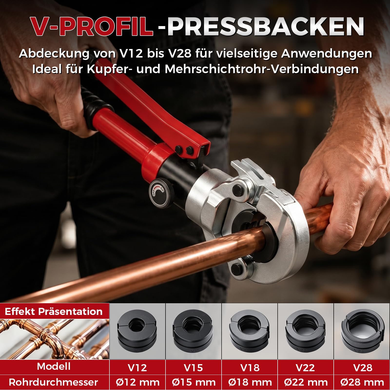 Profi Presszange Set V-Kontur und TH-Kontur für Kupferrohr, Edelstahlrohr und Verbundrohr, Handpresszange mit Rohrabschneider und Entgrater, V12 V15 V18 V22 V28, TH16 TH20 TH26 TH32