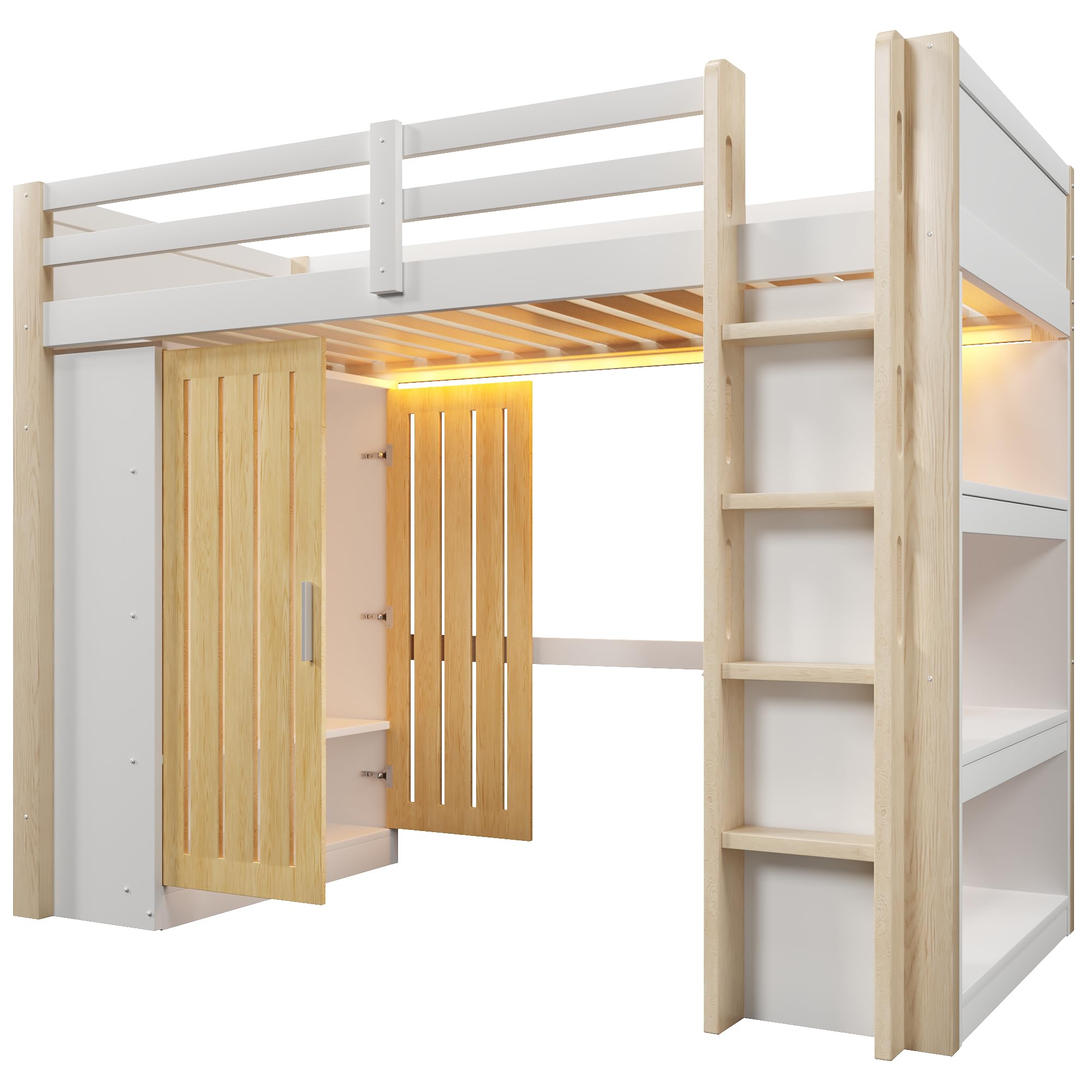 Moimhear Cama alta, 90 x 200 cm, con luces LED, armario, estantería, sin colchón, color blanco y natural