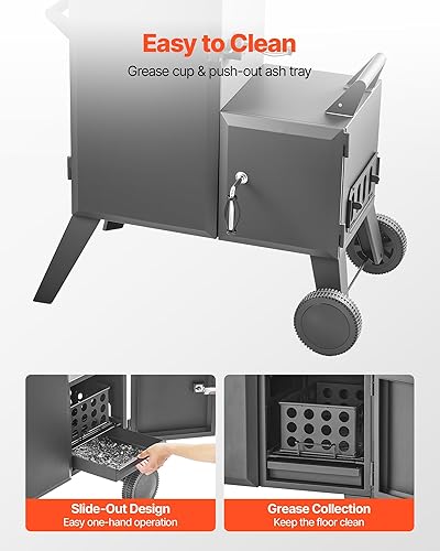 Miniatura 5 de VEVOR Ahumador de carbón compensado, ahumador de acero resistente con caja de combustión lateral, ahumadores móviles para barbacoa al aire libre con
