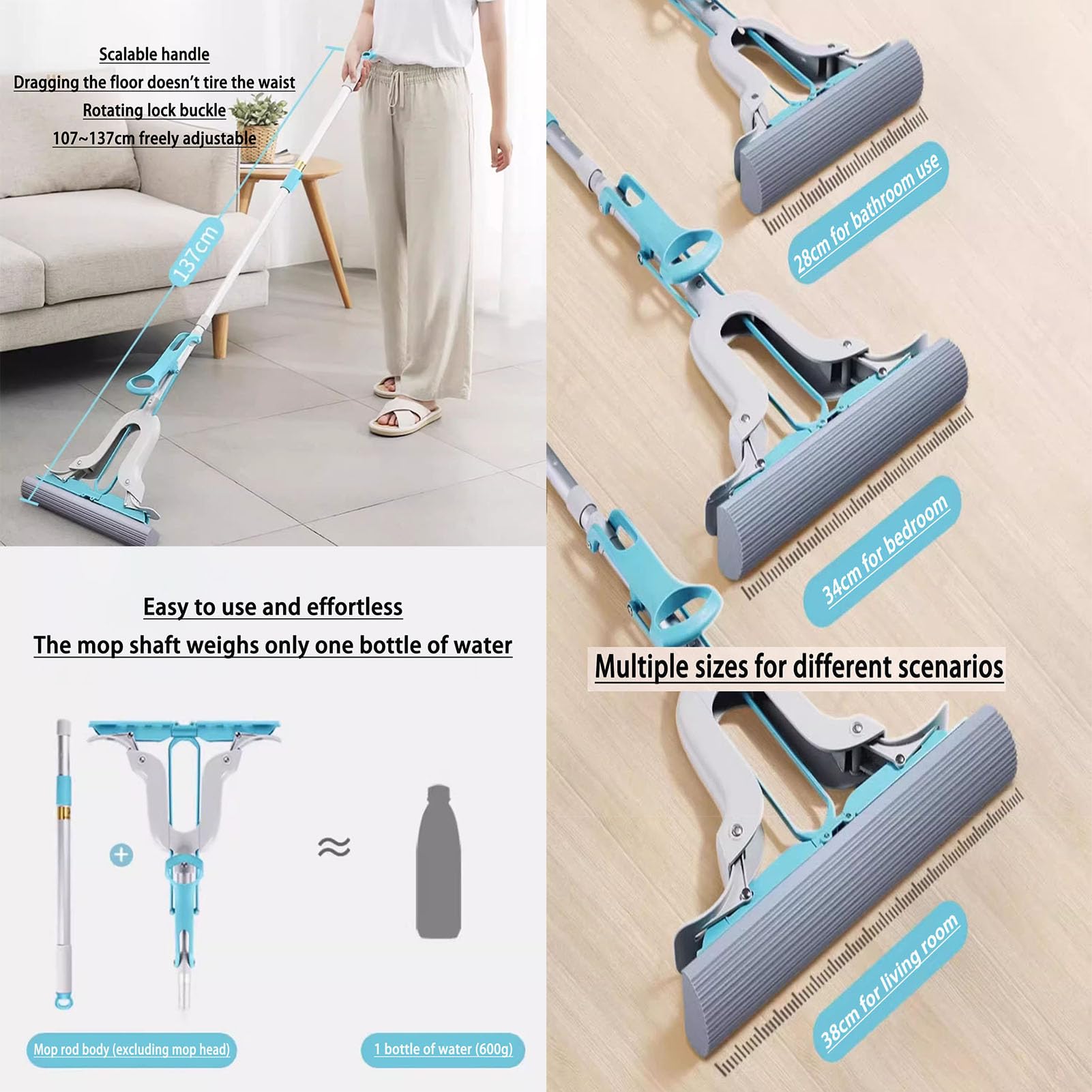 Fregona Suelos Antideslizantes con Mango Largo Extensible, Fregona Súper Absorbente y Cubo con Ruedas, Limpieza de Suelos para Baldosas,Laminado,Madera Dura,Coche,Pared,Ventana,D,28X137CM
