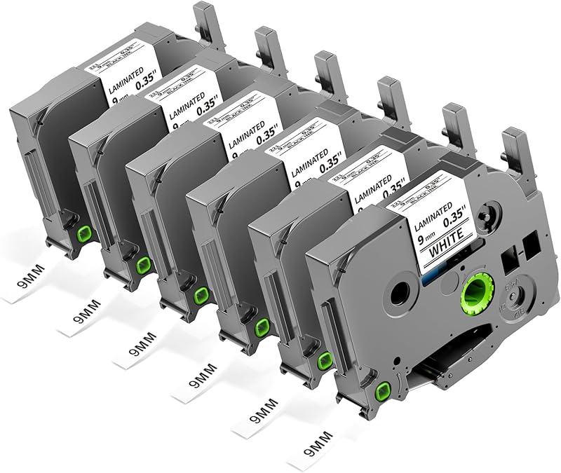 TZe-221 9mm 0.35 Laminated White Tape Replacement for Brother P-Touch | Label Tape 9 mm TZe TZ Black on White TZe221 for PT-D210 D200 1190 1750 Label Maker Refills 3/8 Inch, 6-Pack