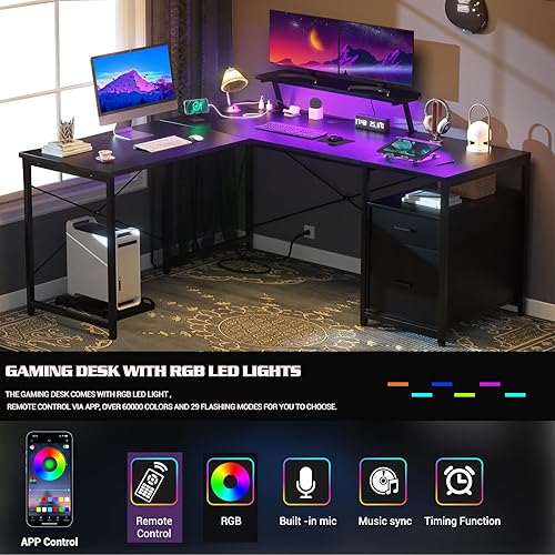 Miniatura 5 de Unikito Escritorio en forma de L con toma de corriente y tira LED, escritorio esquinero en forma de L con cajón reversible de archivos y soporte