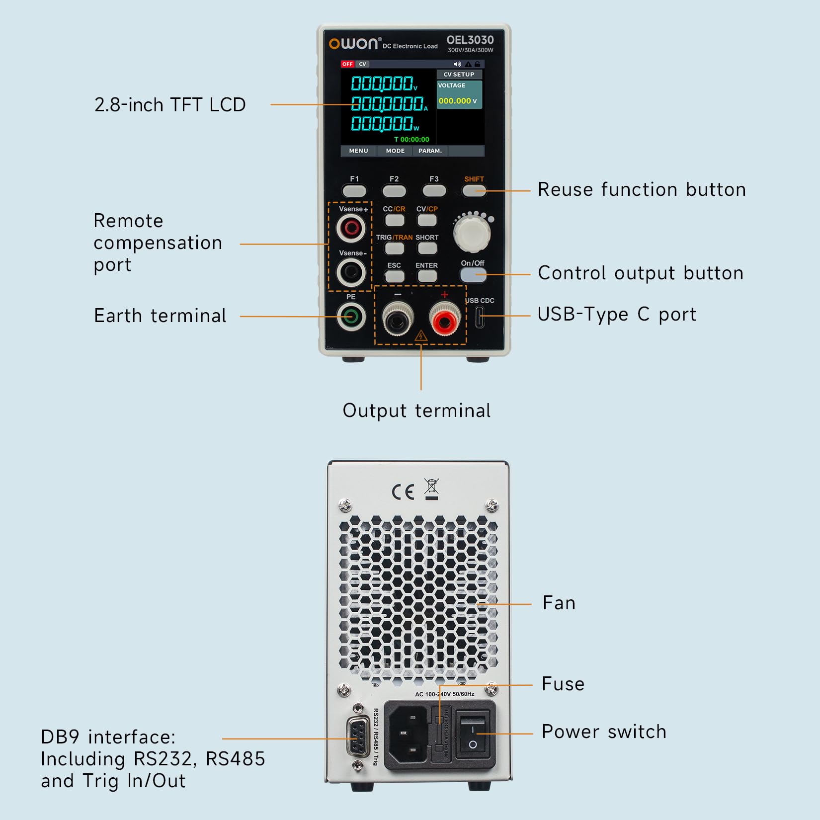 OWON Programowalne elektroniczne obciążenie prądu stałego OEL3030, DC 300 V, 30 A, maksymalnie 300 W, USB/RS232, CV CC CR CP, 4 tryby pracy, dynamiczny 5 kHz, tester mocy laboratoryjnej z 2,8-calowym