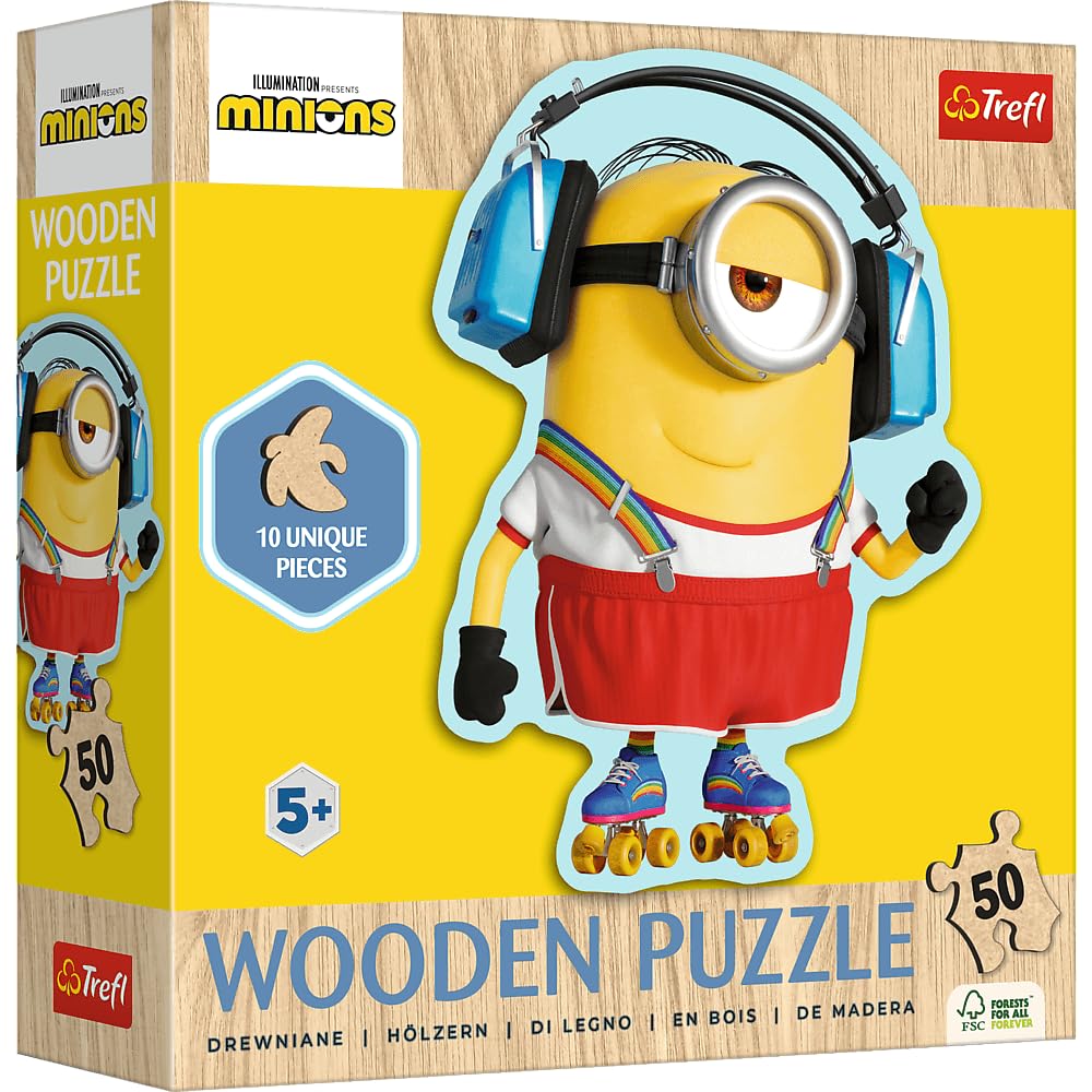 Trefl Wood: Minions, Eccentric Minions - 50 Pieces, Wooden, Irregular Shapes, 10 Characters, Modern Puzzle for Children from 5 Years, Multicoloured, 20239