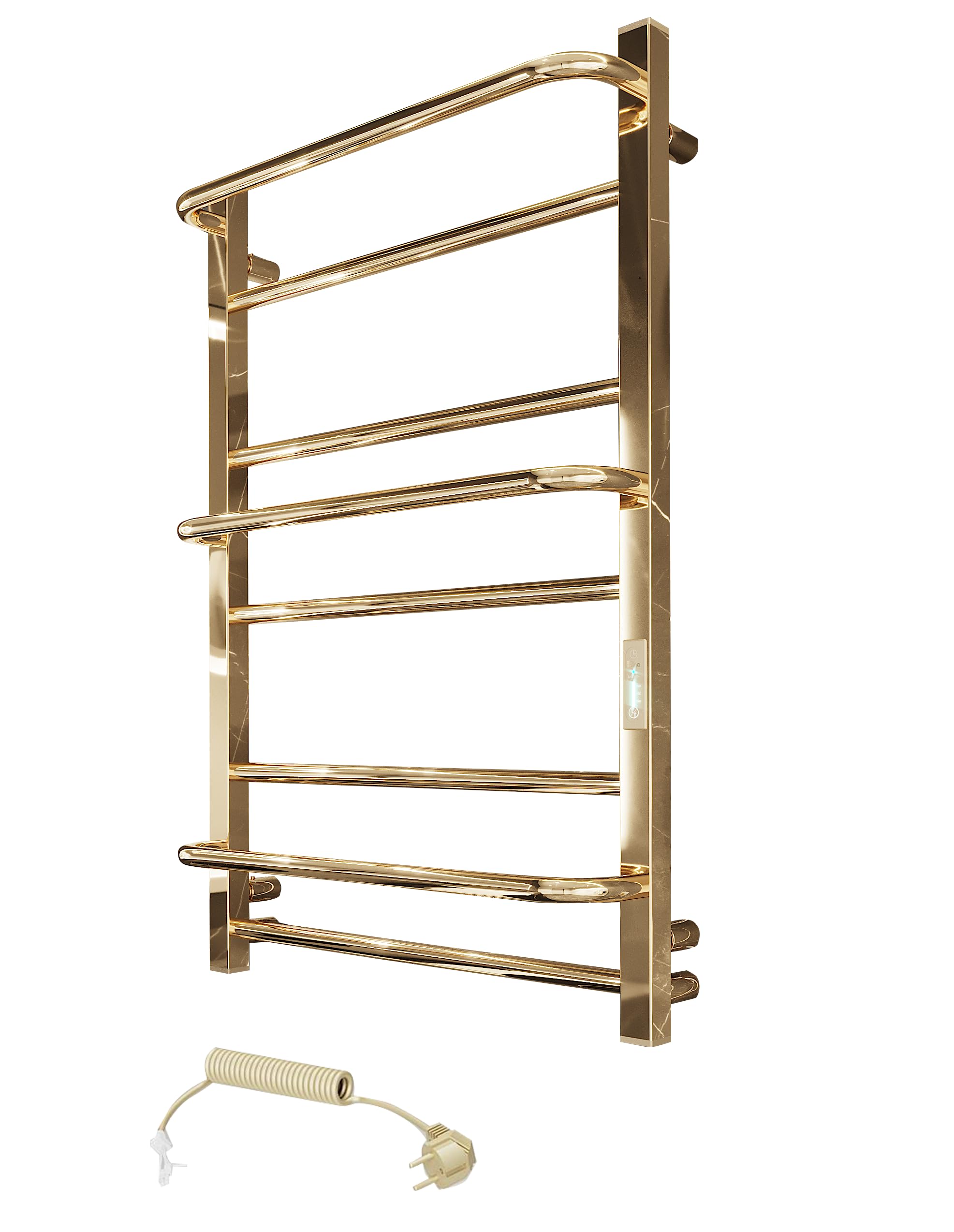 Elna Podgrzewacz na ręczniki, złoty, do SPA i hoteli, elektryczny grzejnik łazienkowy, 805 x 530 mm, stal nierdzewna, 133 W, IP44, z timerem i termostatem, montaż na ścianie, luksusowy grzejnik na