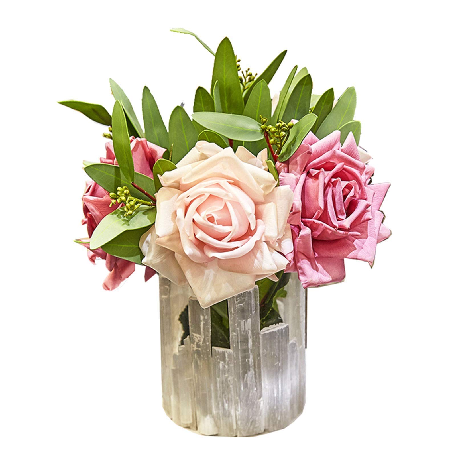 XDLEDMKIZ Artificial Flower in Pot Artificial Rose Flowers Fake Eucalyptus with Crystal Stone Vase Arrangements Wedding Bouquets Decorations Floral Table Centerpieces Hom