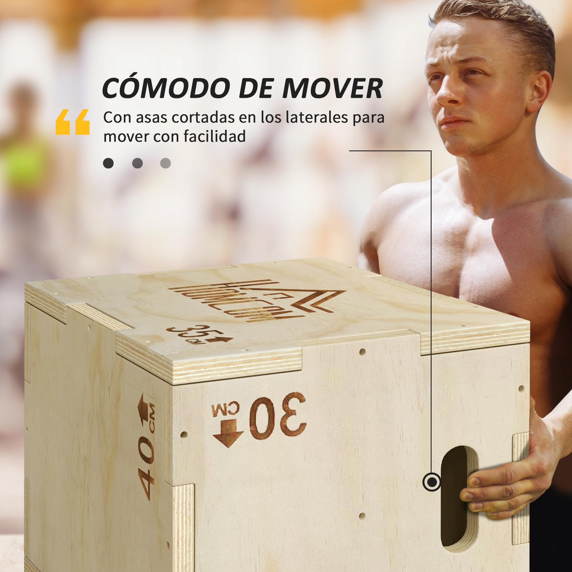 HOMCOM Cajón Pliométrico de Madera 3 en 1, Plataforma de Caja Pliométrica con 3 Alturas Diferentes, 2 Mango Hueco, Entrenamiento de Salto, Fuerza, para Casa, Gimnasio y Exterior