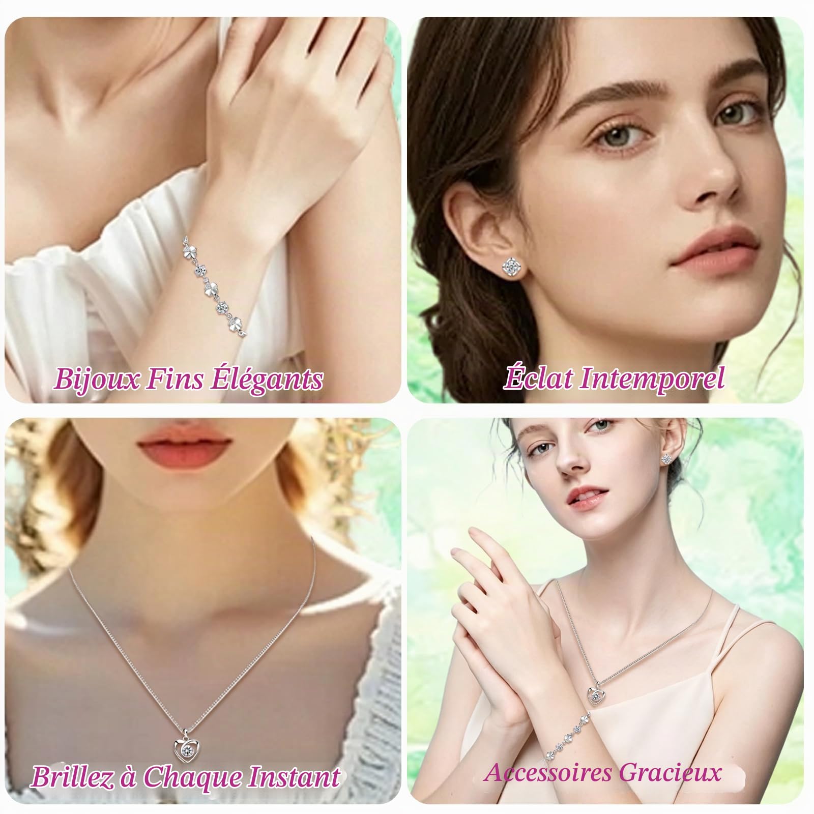 Parure Femme Argent Fin 925, Ensemble de Boucles d'oreilles Bracelet en Forme de Trèfle Collier de Coeur avec Zircon Cubique Blanc, Clous Chaîne Pendentif Hypoallergénique pour Femme Fille