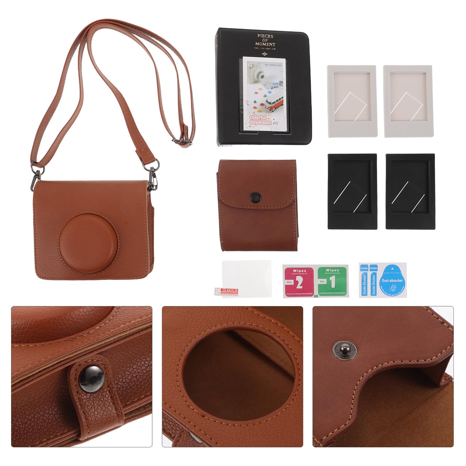 Set Custodia Protettiva per Fotocamera Istantanea Mini in PU Marrone con Tracolla Regolabile Pellicola in Vetro Temperato e Album Fotografico per Stampa Istantanea Borsa