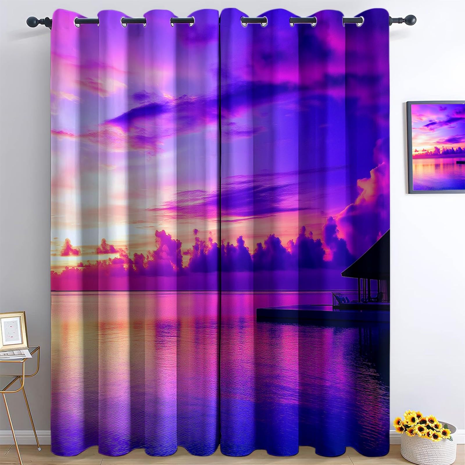 Rideau Occultant Paysages Naturels Nuages Et Ciel, Rideaux Isolant Thermiques et Phonique - Draperies Oeillets Anti Froid Violet pour Salon Chambre Fenêtre Décoration 110L x 215H cm 2 Panneaux