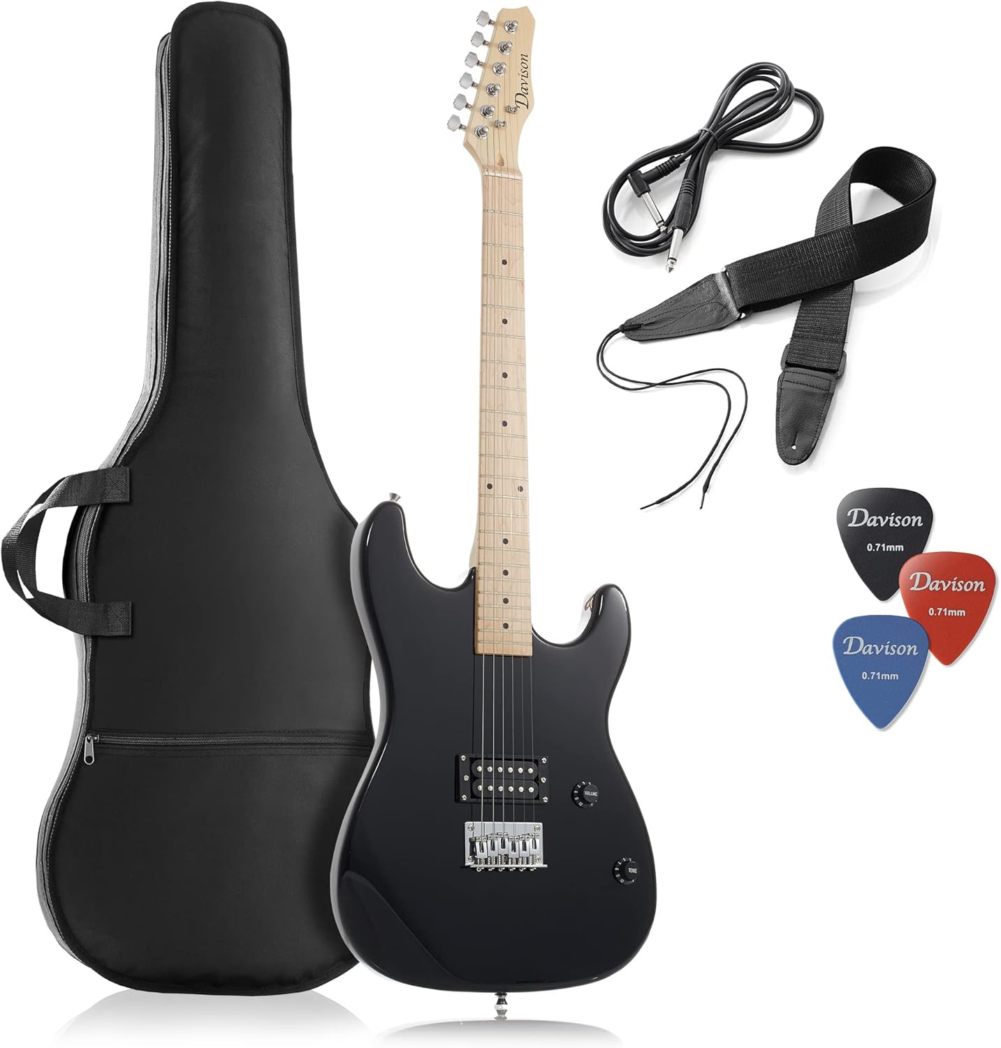 Davison Guitars 39" Full Size Electric Guitar in Black - Right Handed Beginner Kit with Gig Bag and Accessories