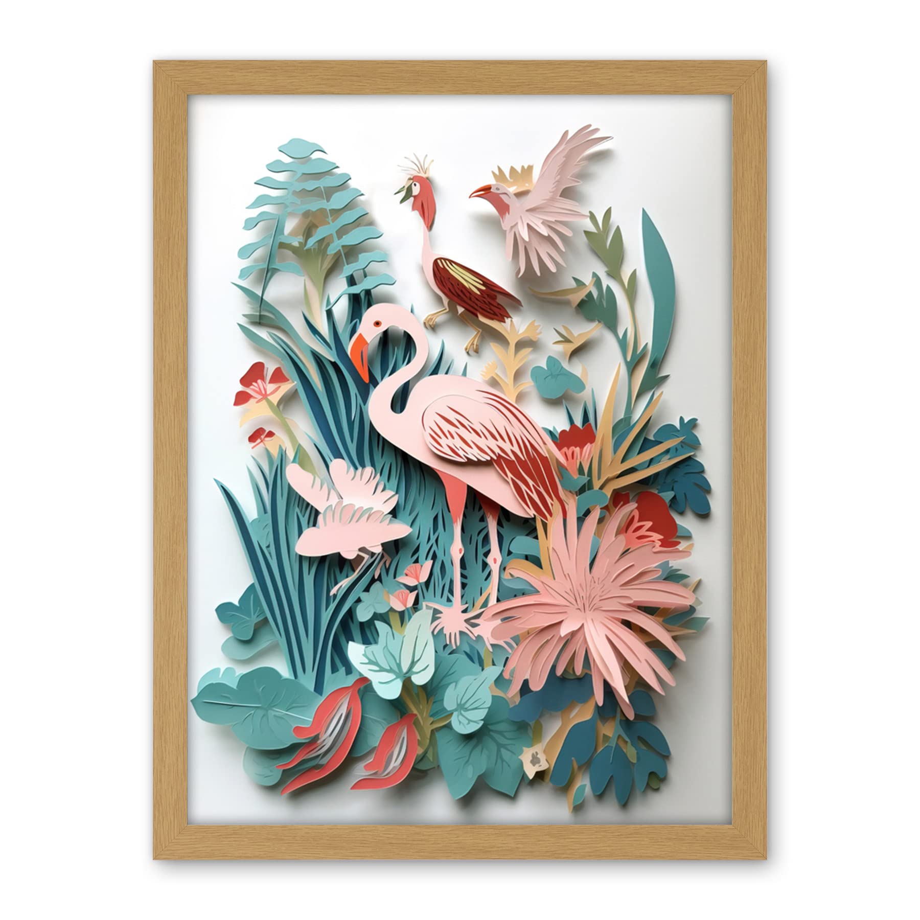 Artery8 Tropical Plants And Birds Multi-Dimensional Paper Kirigami Art Print Artwork Framed Wall Art Print 18X24 Inch