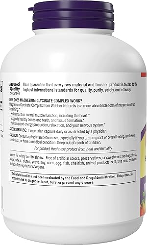 Miniatura 8 de Webber Naturals Complejo de glicinato de magnesio 200 mg, 180 cápsulas vegetarianas, fórmula de alta absorción, apoya huesos, corazón, músculos y