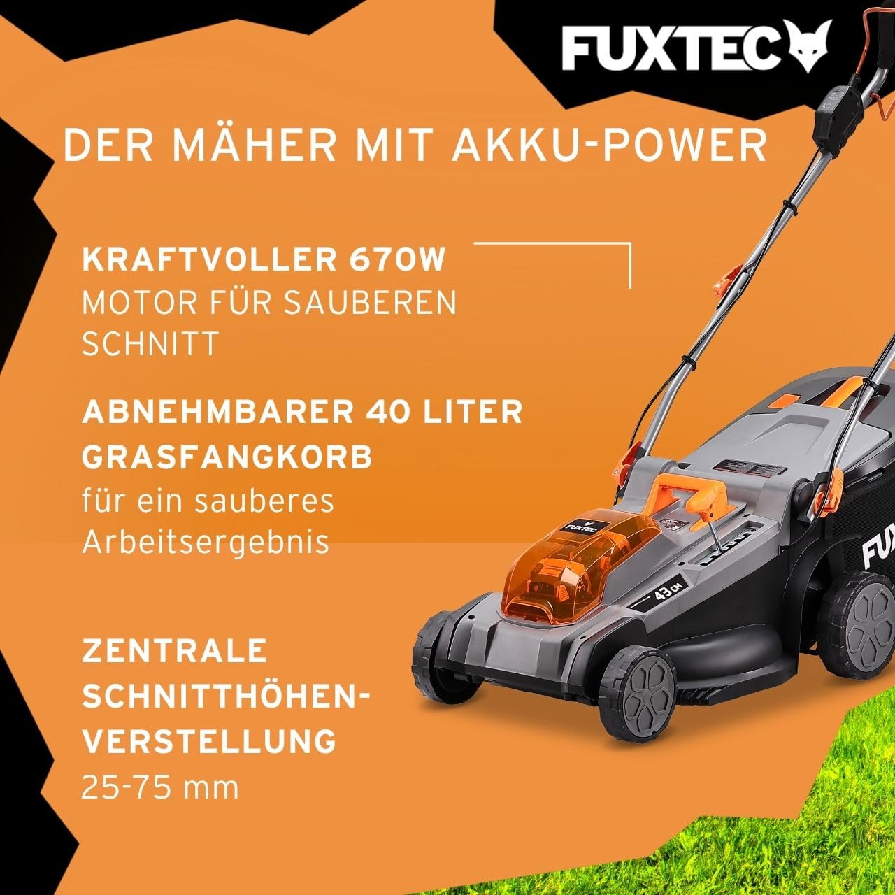 FUXTEC 40V Akku Rasenmäher FX-E2RM43PRO • AkkuMäher mit Akku & Ladegerät • 43 cm • FlexSpeed Variable Geschwindigkeit • Radantrieb • Schnitthöhenverstellung • Grasfangkorb und Mulchfunktion