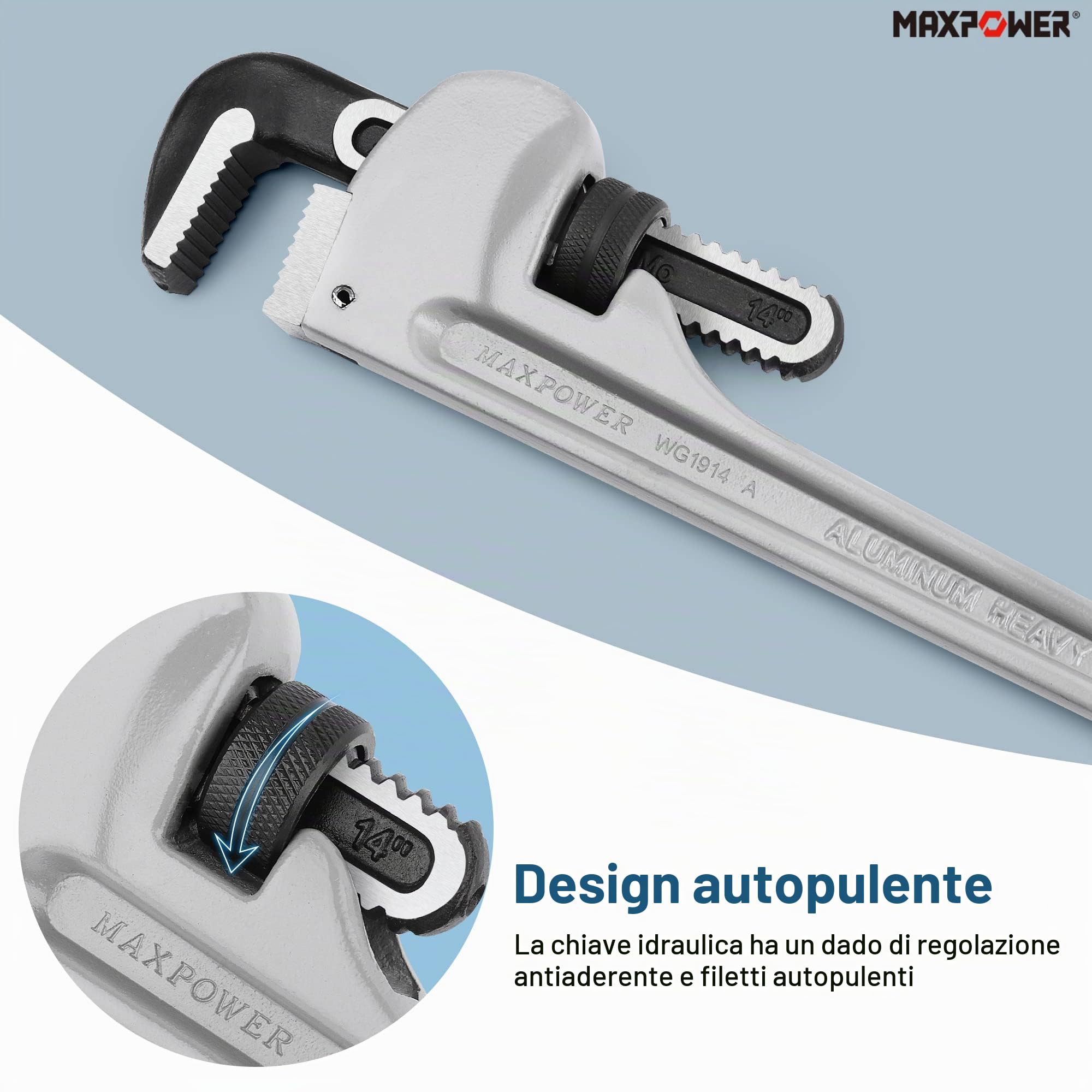 MaxPower Chiave per Tubi Dritta in Alluminio, Chiave per Idraulica da 35,5 cm, Diametro di Serraggio da 48mm