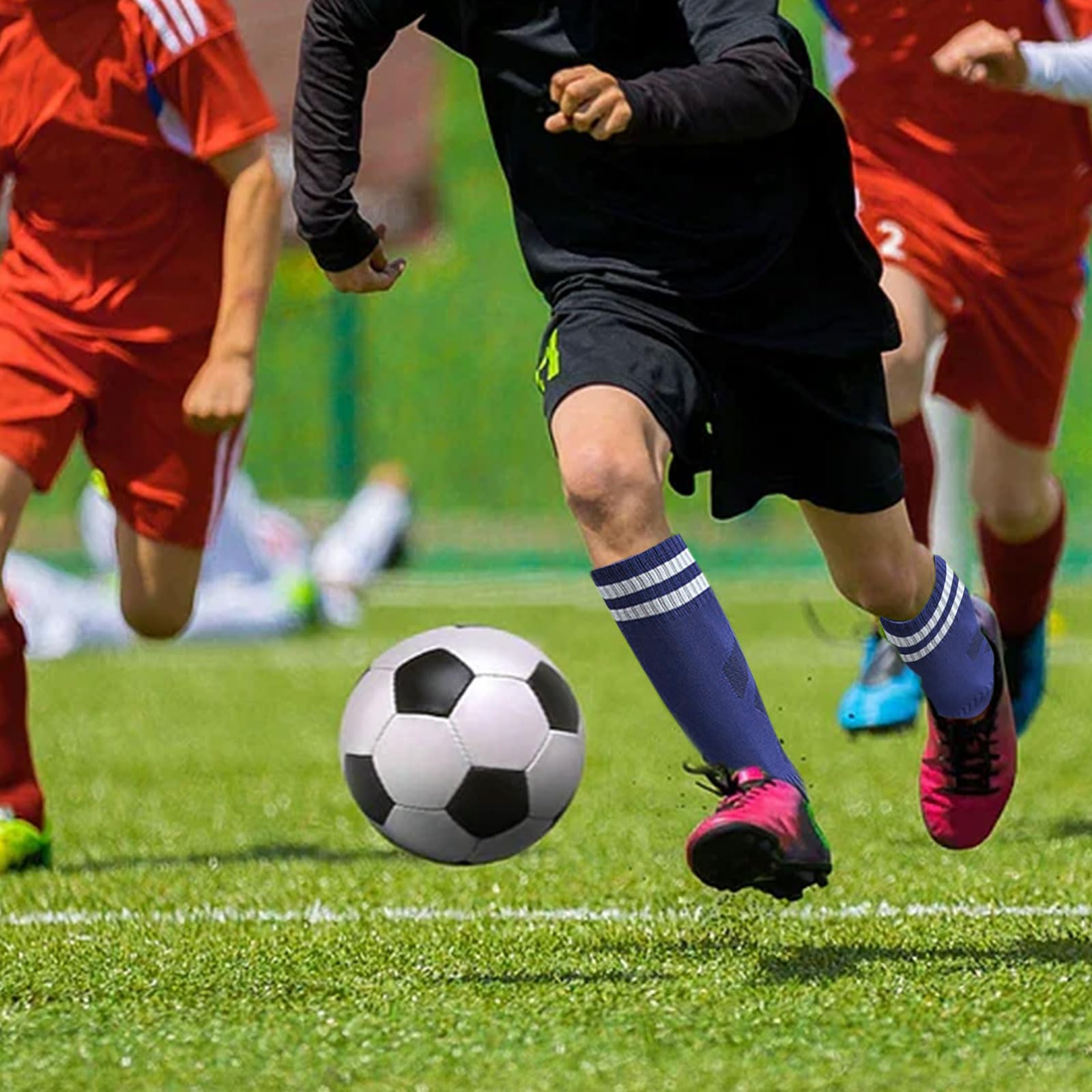SKHAOVS 3 pary dziecięcych ciemnoniebieskich długich skarpet do piłki nożnej, do kolan, koszykówki, rugby, oddychające skarpety sportowe, skarpety treningowe dla 5-12 lat, dla chłopców i dziewczynek