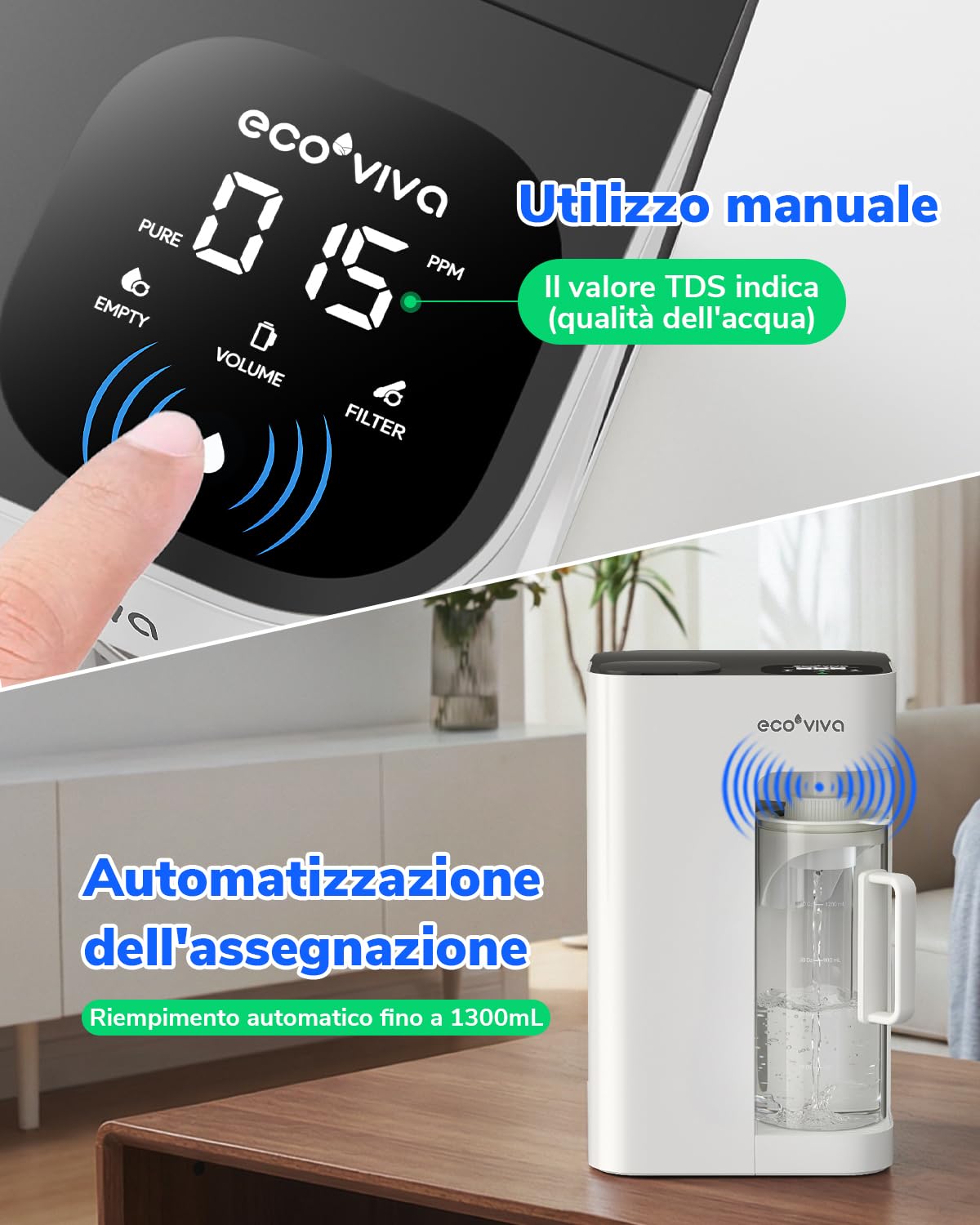 Ecoviva MATE 3 impianto per osmosi potabile, impianto ad osmosi inversa, 8 filtri contro nitrato e PFAS, filtro dell'acqua, nessuna installazione, rapporto di risparmio 3:1 e distributore d'acqua TDS