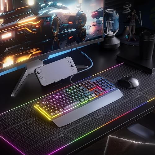 Miniatura 8 de Teclado para juegos con cable, teclado iluminado RGB con reposamuñecas, panel de metal de 104 teclas retroiluminado con arco iris para juegos,