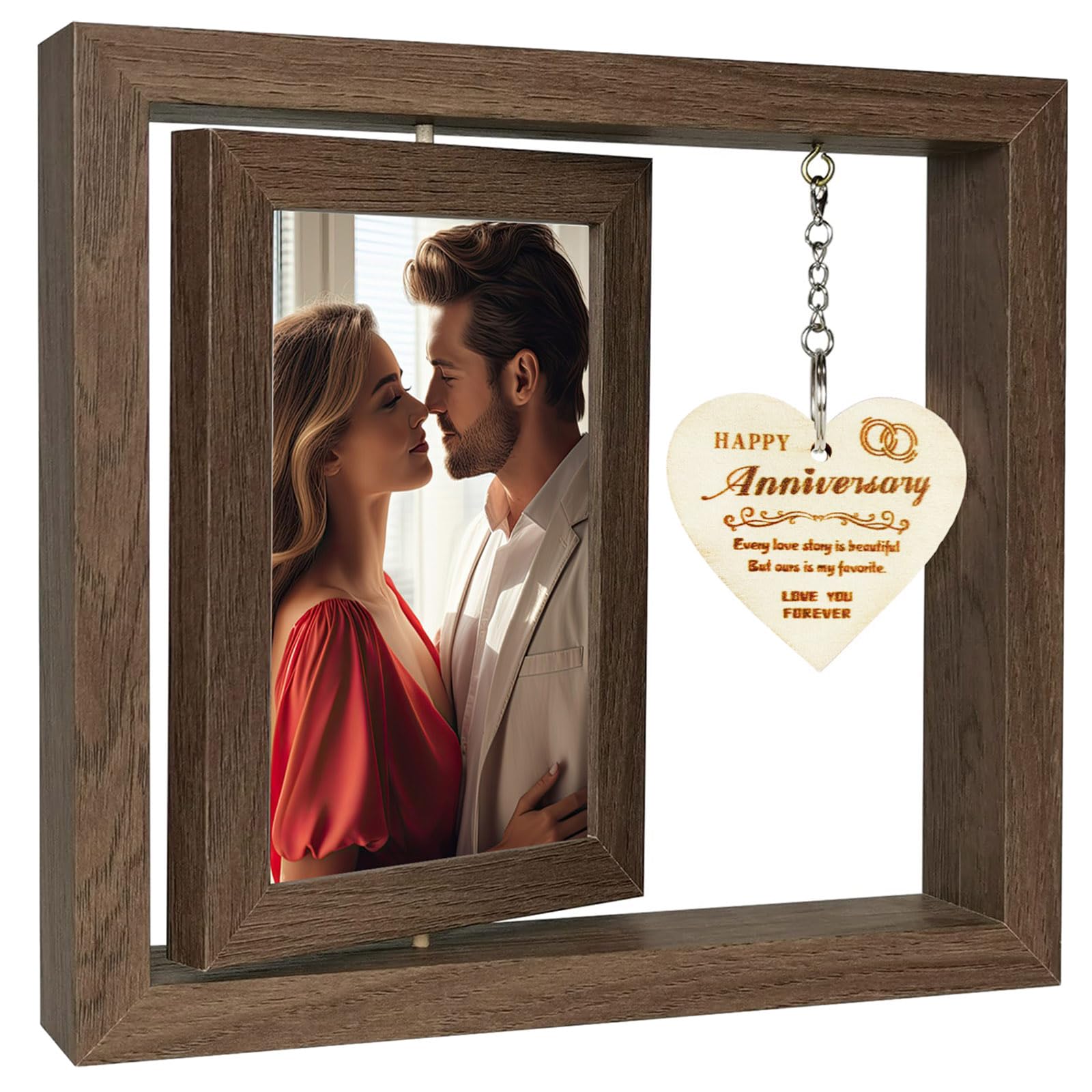 Fychuo Happy Anniversary Wooden Pendant Photo Frame - Double-Sided Rotating 4x6 In Frame for Couples Wedding Gifts for Him and Her