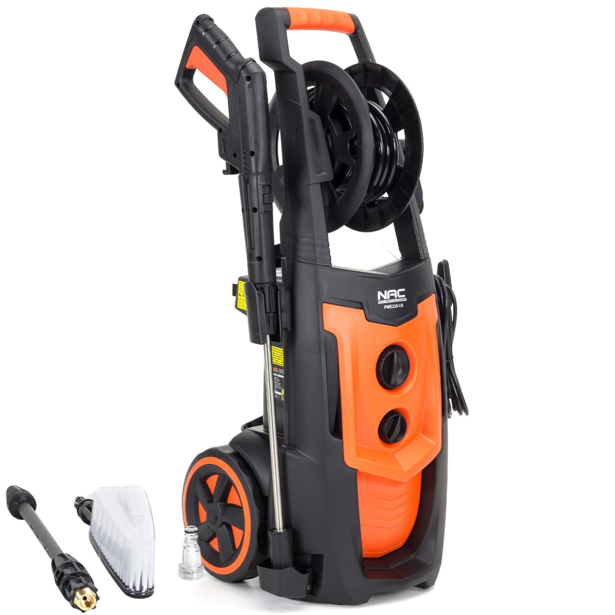 NAC Limpiadora de Alta Presión 2200W 170 Bar - Limpiadora a Presión Compacta - Portátil (11 kg) - Bomba de Aluminio 450 l/h, Manguera de 5m en Enrollador para Coche y Jardín New American Concept
