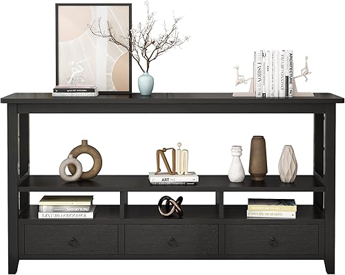 Miniatura 8 de VINGLI Mesa consola de 58 pulgadas, mesa de entrada larga con 3 cajones y 2 estantes de almacenamiento, mesa de sofá vintage detrás del sofá,